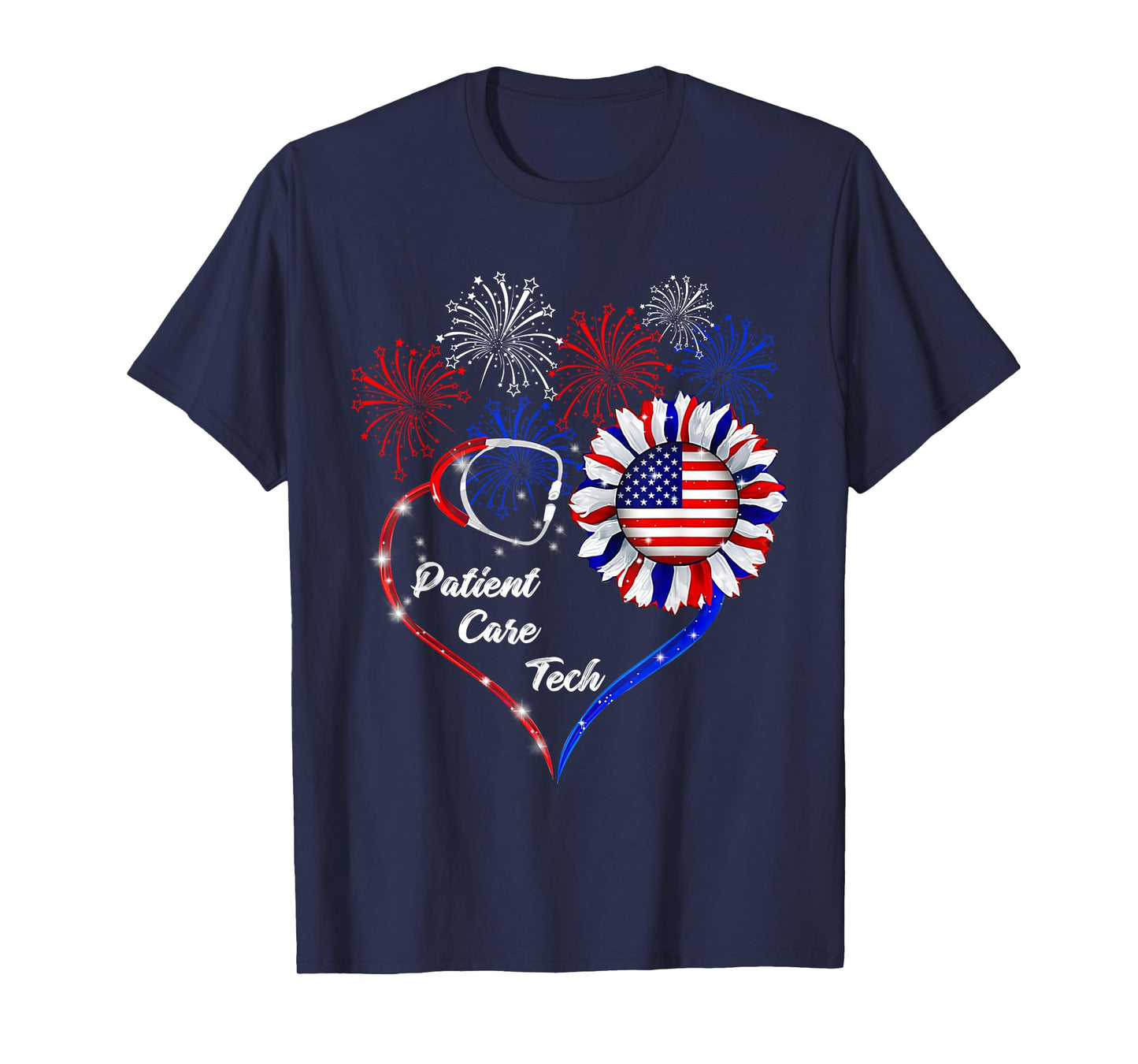 American Flag July 4th Firework Sunflower Patient Care Tech T-Shirt