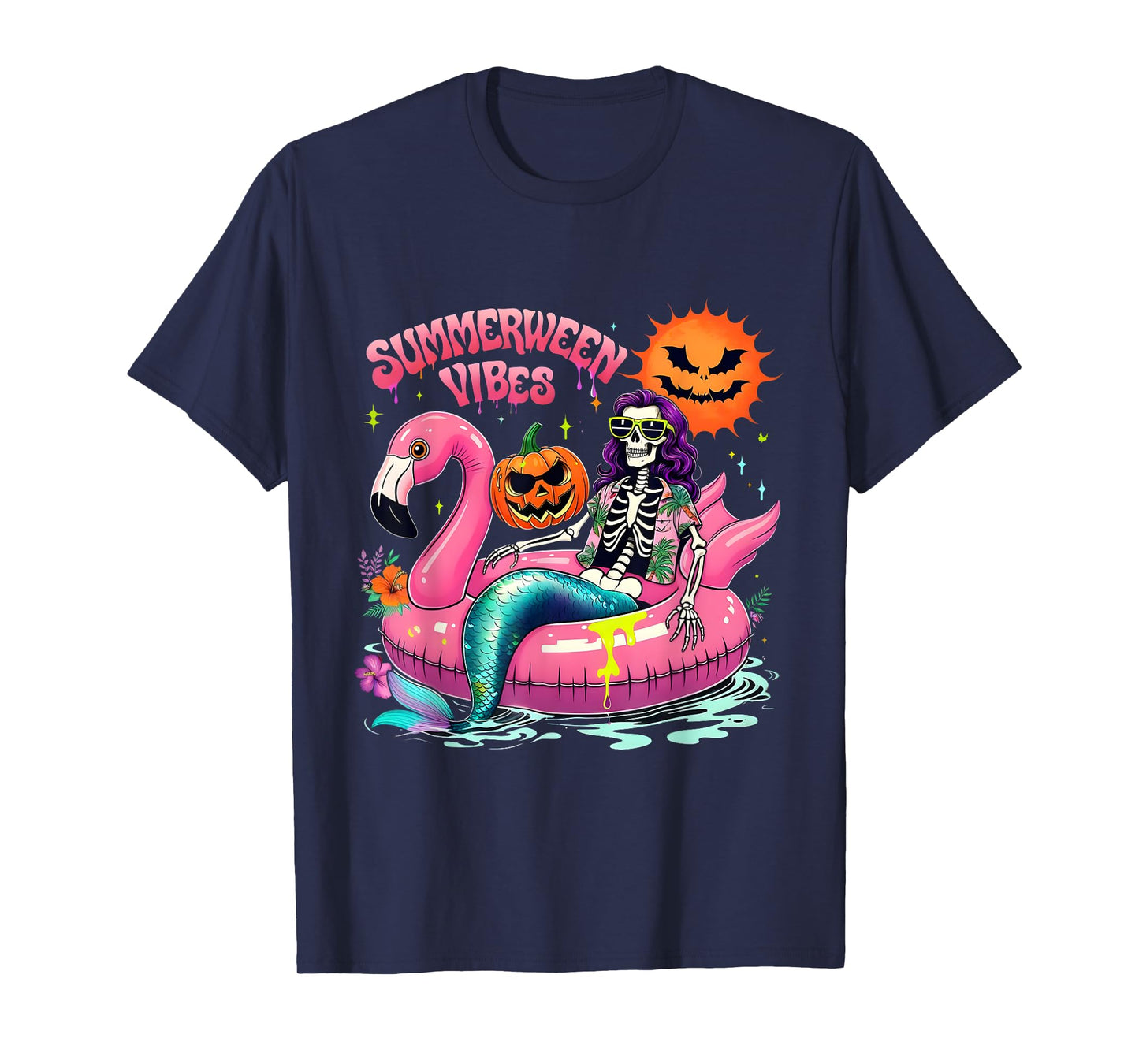 Spooky Summerween Skeleton Pool Float Design T-Shirt