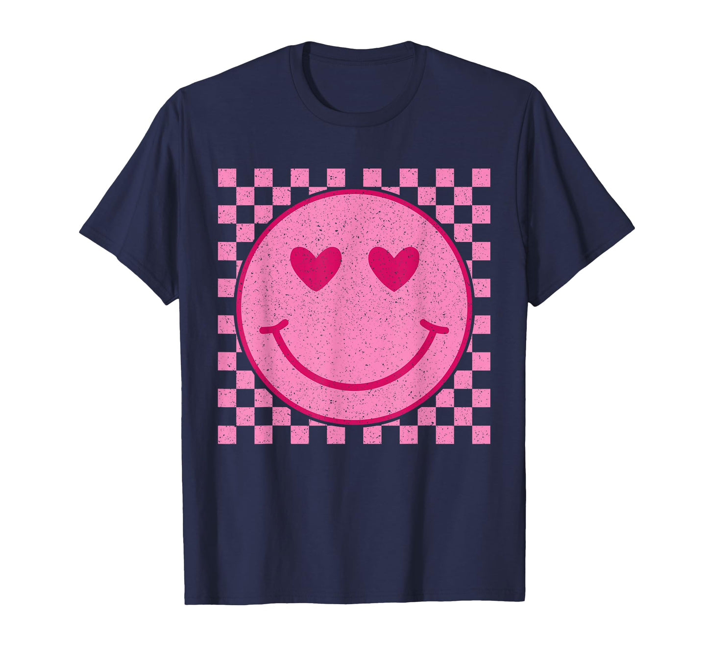 Retro Pink Happy Face Checkered Pattern Smile Face Trendy T-Shirt