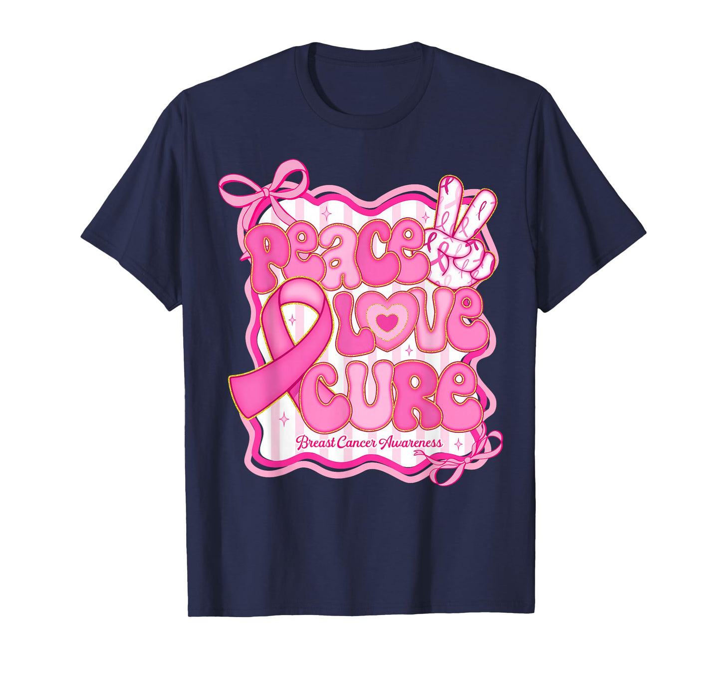 Peace Love Cure Pink Ribbon Coquette Breast Cancer Awareness T-Shirt