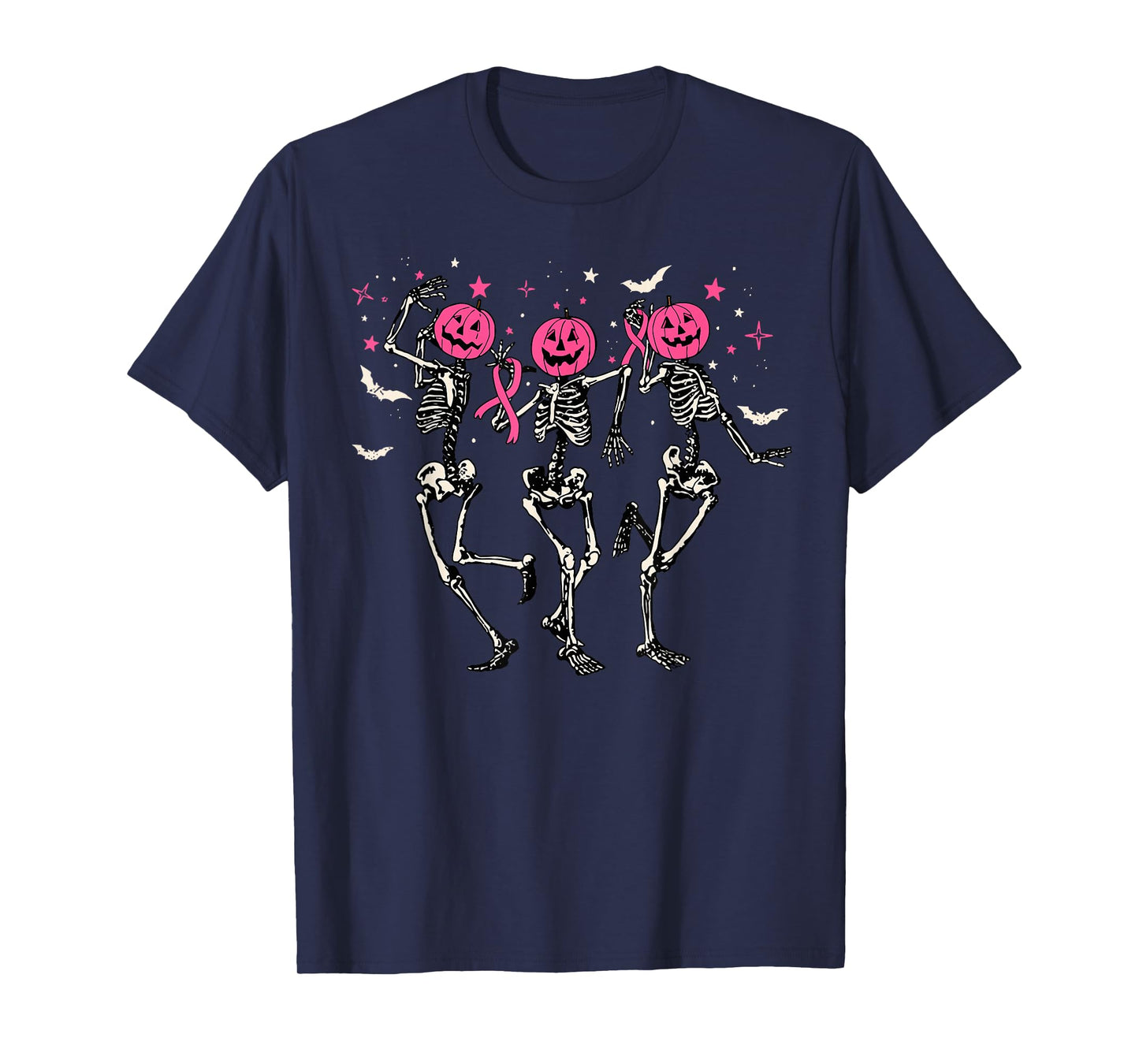 Skeleton Dancing Pink Pumpkin Breast Cancer Awareness Ribbon T-Shirt