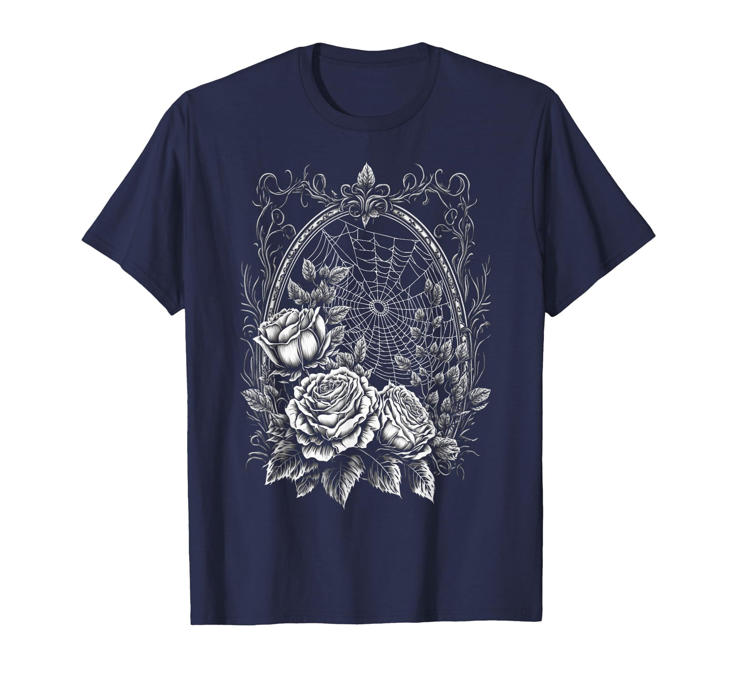 Spider Web With Frame And Roses Halloween Goth Nature Witch T-Shirt