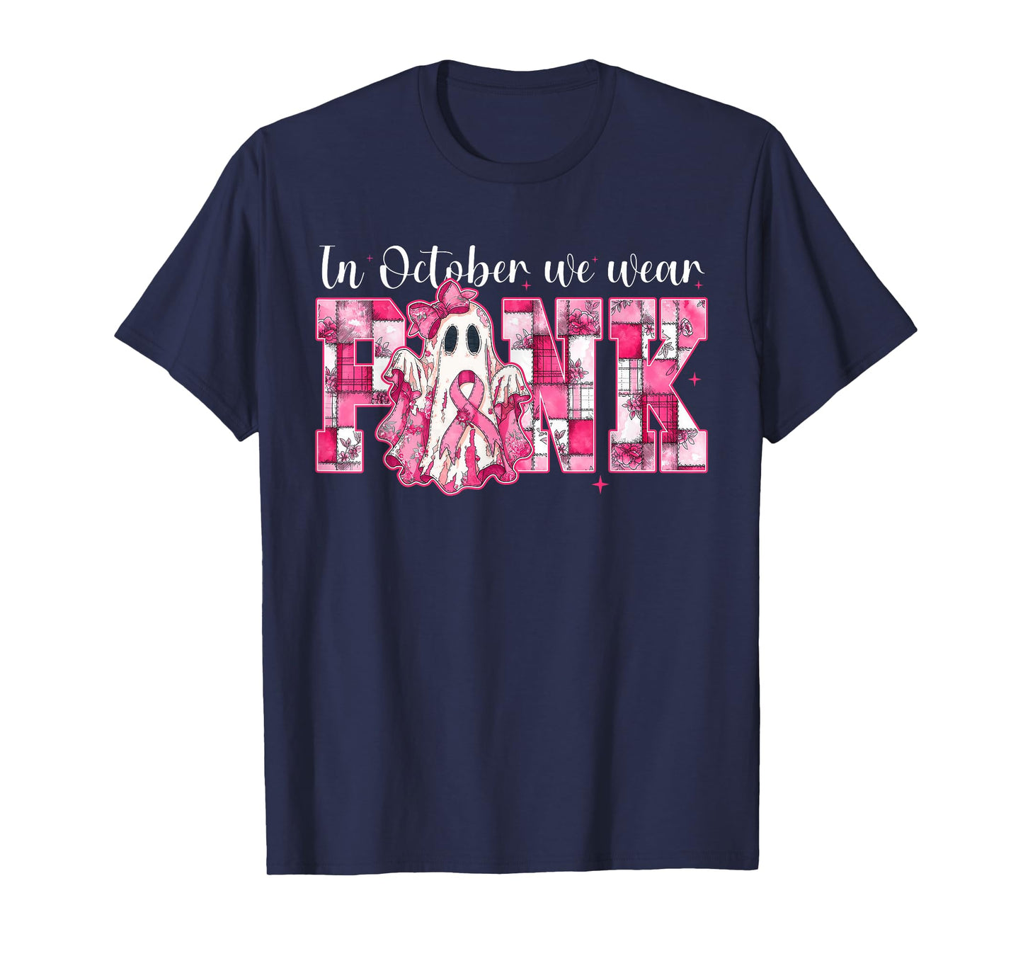 in October We Wear Pink Ghost Witch Breast Cancer Awareness T-Shirt