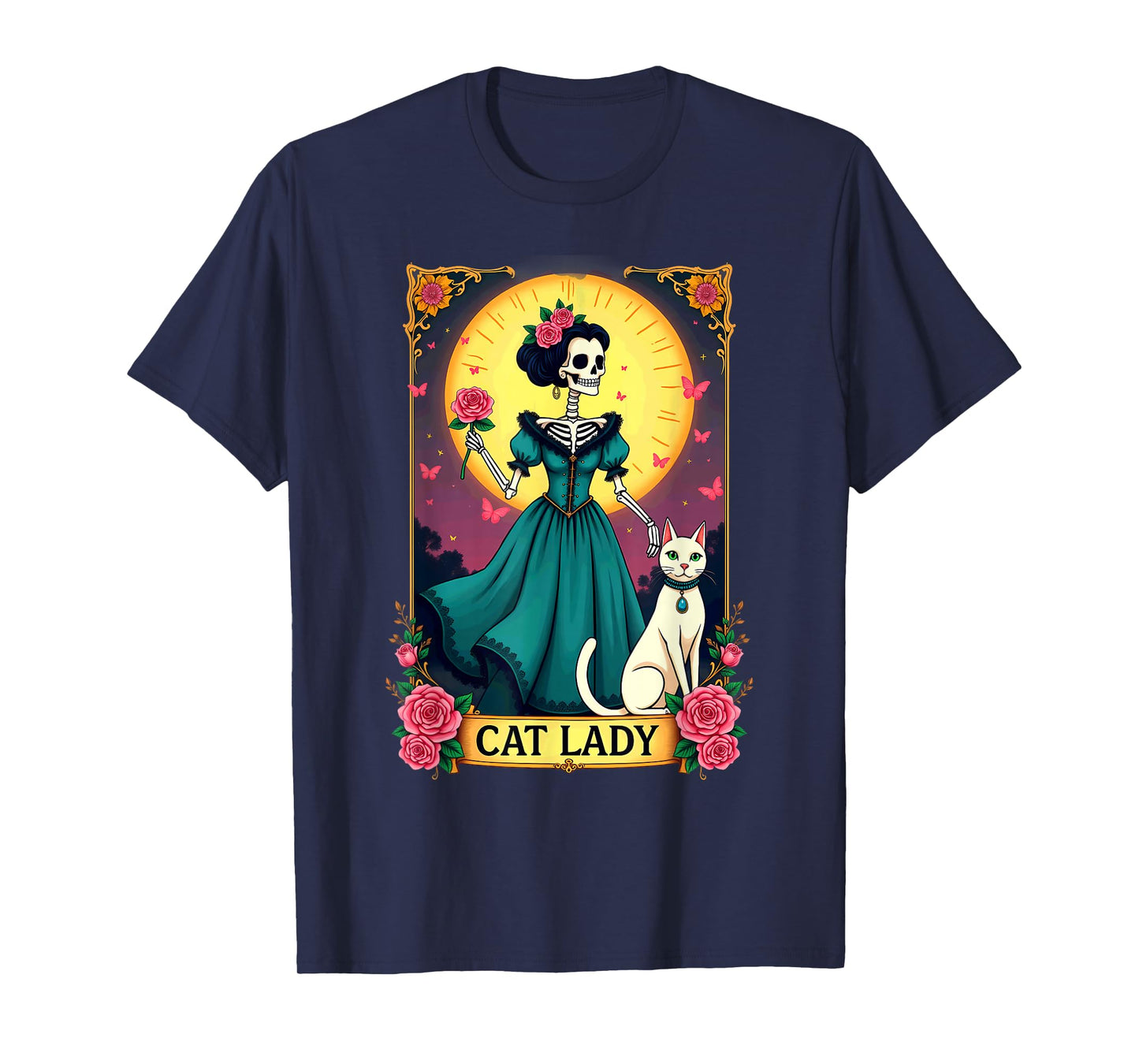 Retro Cat Lady Tarot Card Skeleton Halloween T-Shirt