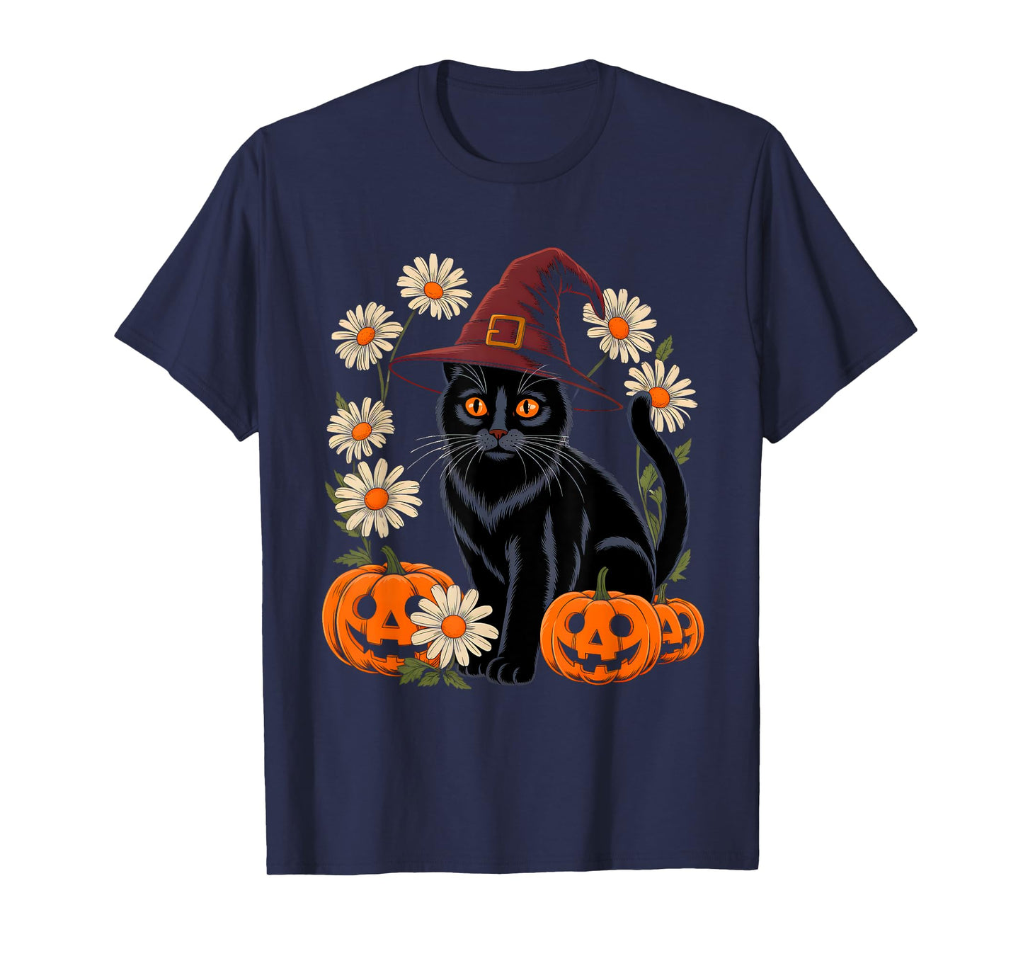 Retro Floral Black Cat Pumpkin Autumn Halloween Men Women T-Shirt