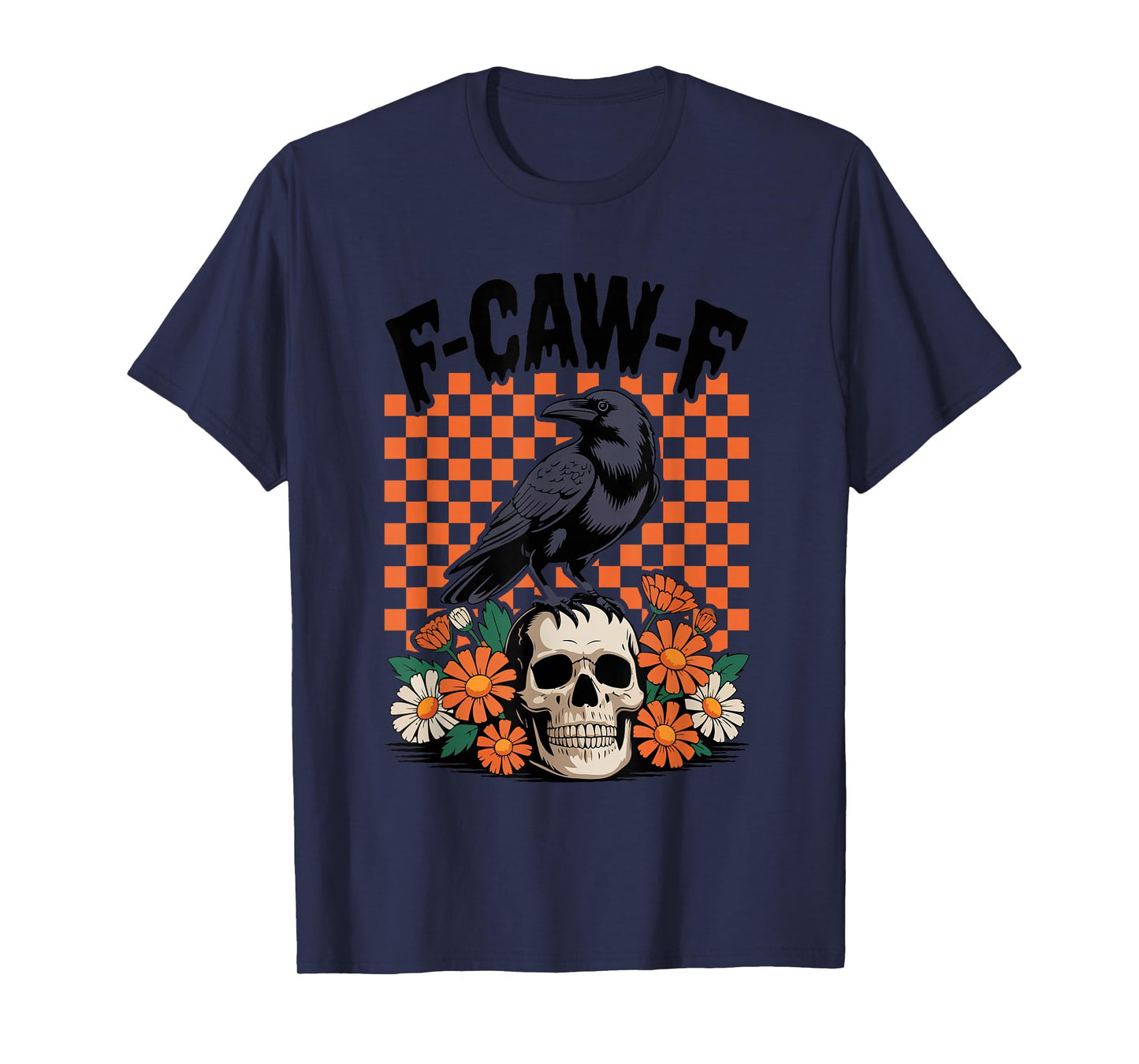 Funny F-Caw-F Black Crow Bird Orange Checkered Design T-Shirt
