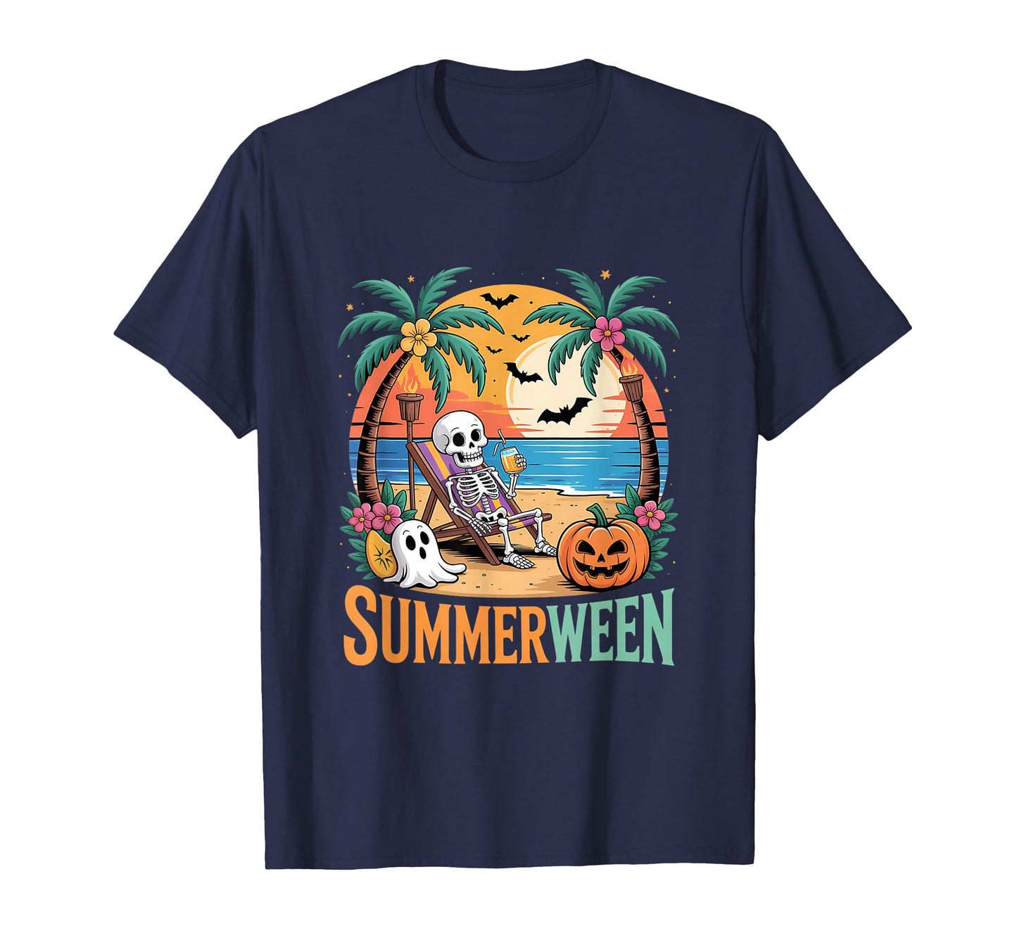 Summerween Tropical Beach Skeleton Sunset Scene Halloween T-Shirt