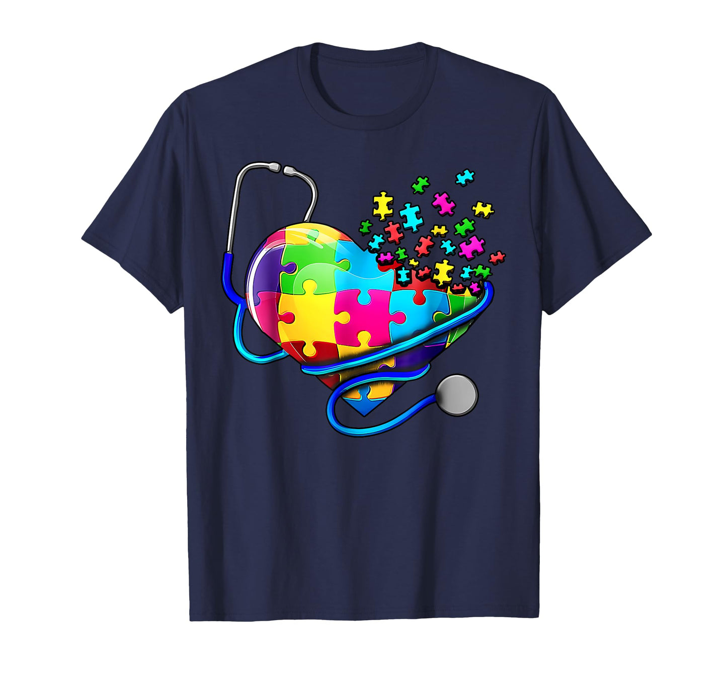 Autism Awareness Nurse Stethoscope Heart ASD Scrub Top Women T-Shirt