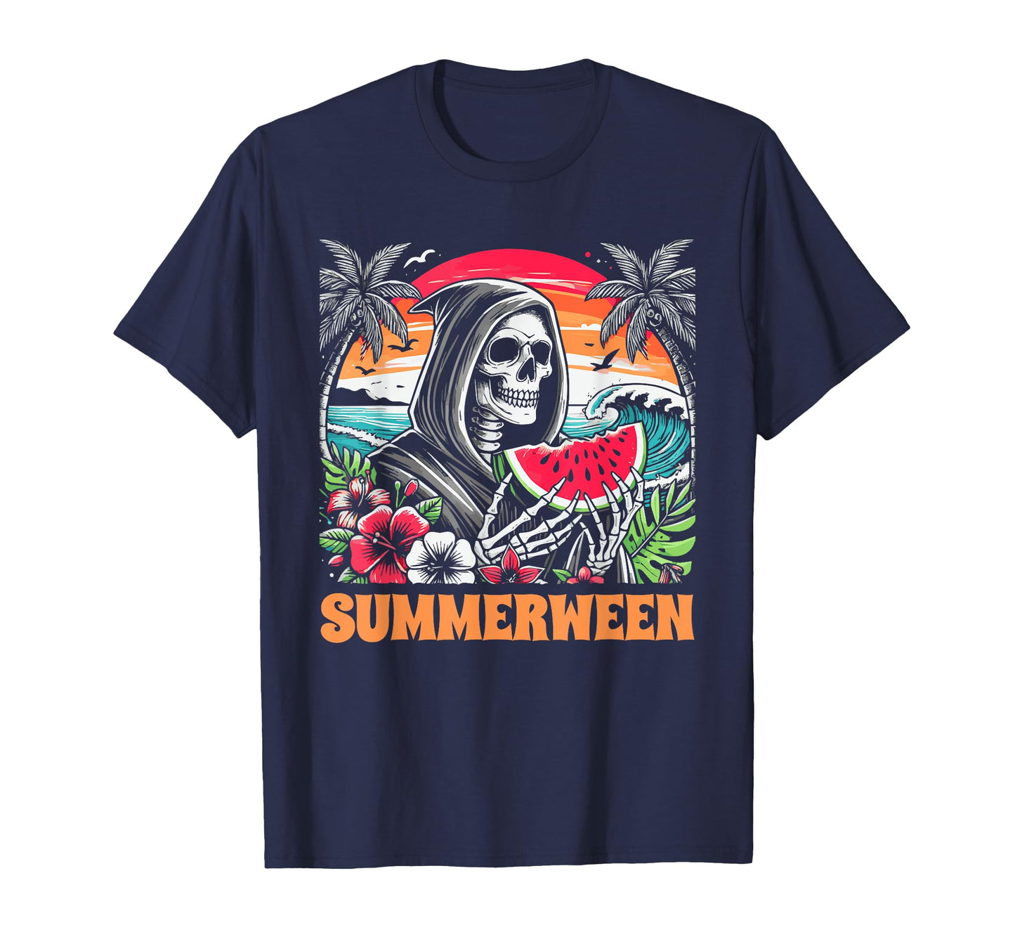 Summerween Skeleton Tropical Beach Scene T-Shirt