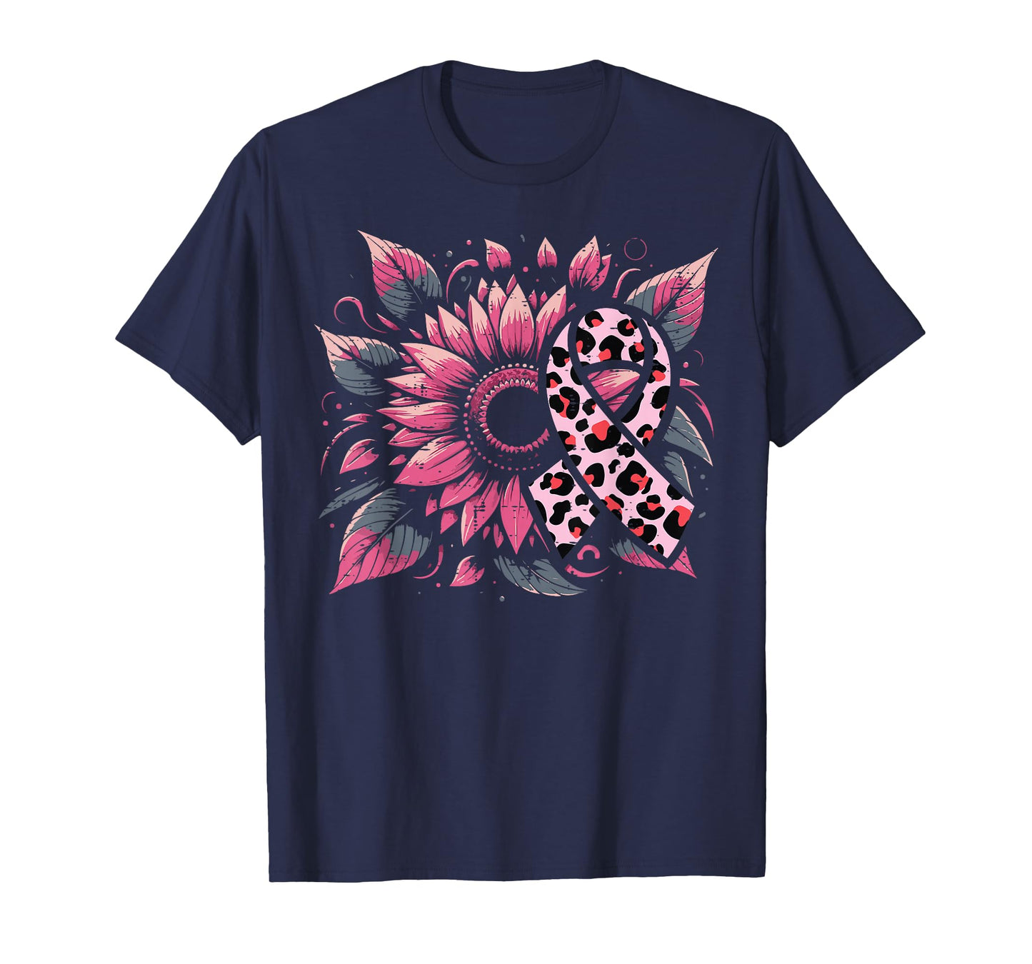 Breast Cancer Leopard Ribbon Sunflower Aware Women Men Kids T-Shirt