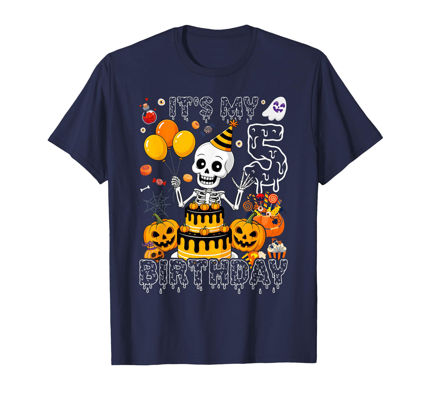 Kids Boo It's My 5th Birthday Halloween Skeleton 5 Years Old T-Shirt