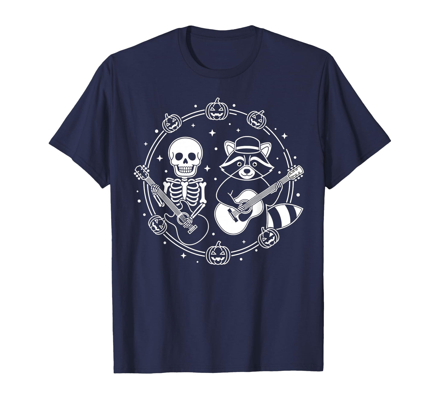 Skeleton Raccoon Rocking Pumpkin Halloween Men Women Kids T-Shirt