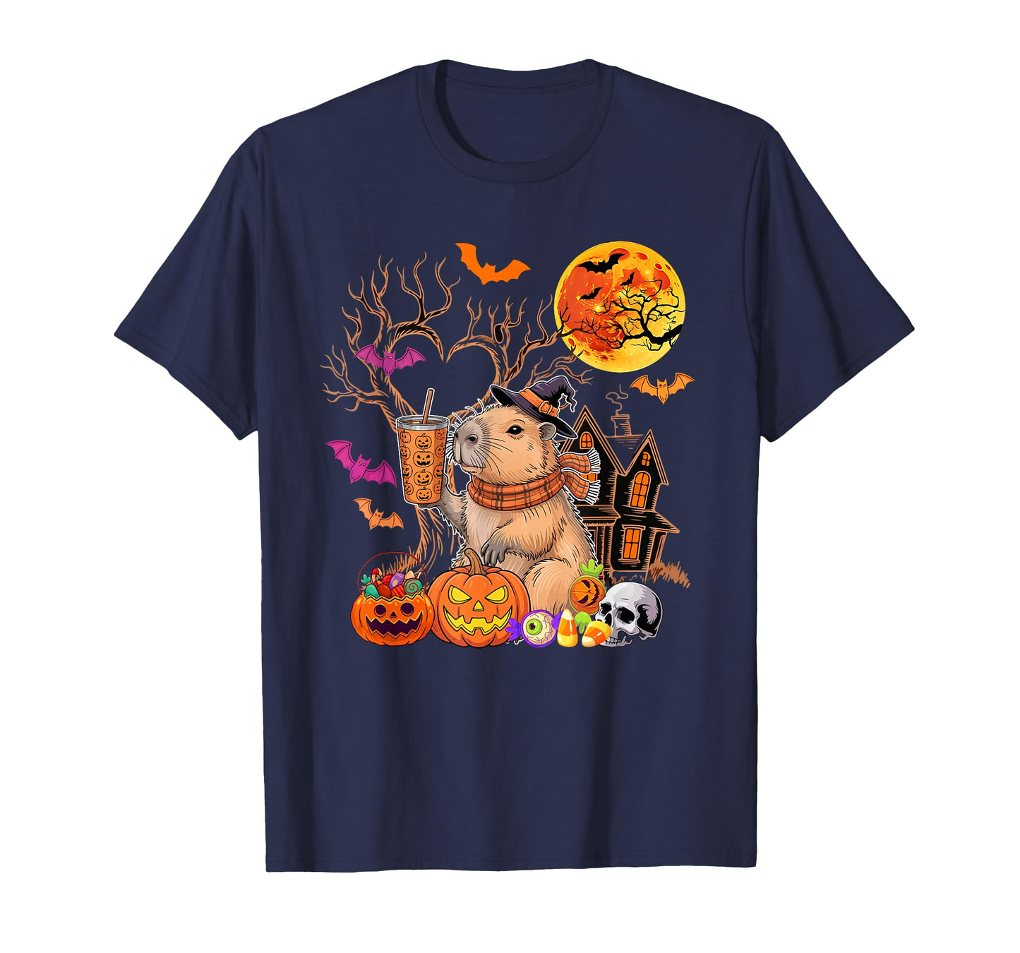 Capybara As Witch Drinking Coffee Halloween Carved Pumpkin T-Shirt