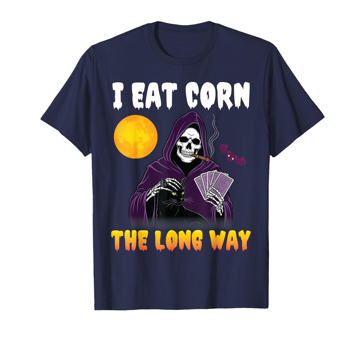 I Eat Corn The Long Way Grim Reaper with Black Cat Funny T-Shirt