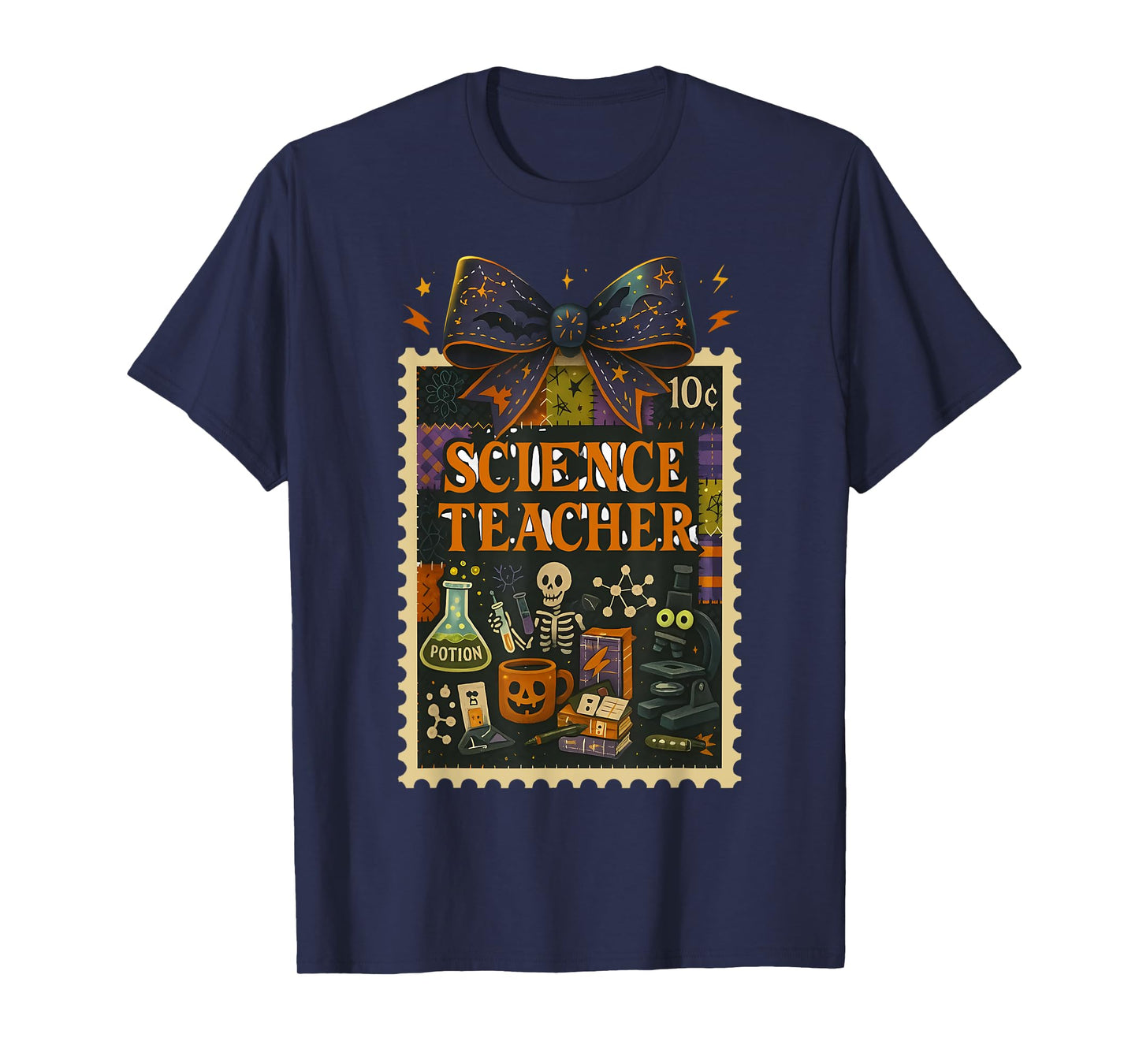 Science Teacher Skeleton Halloween Spooky STEM Classroom Bow T-Shirt