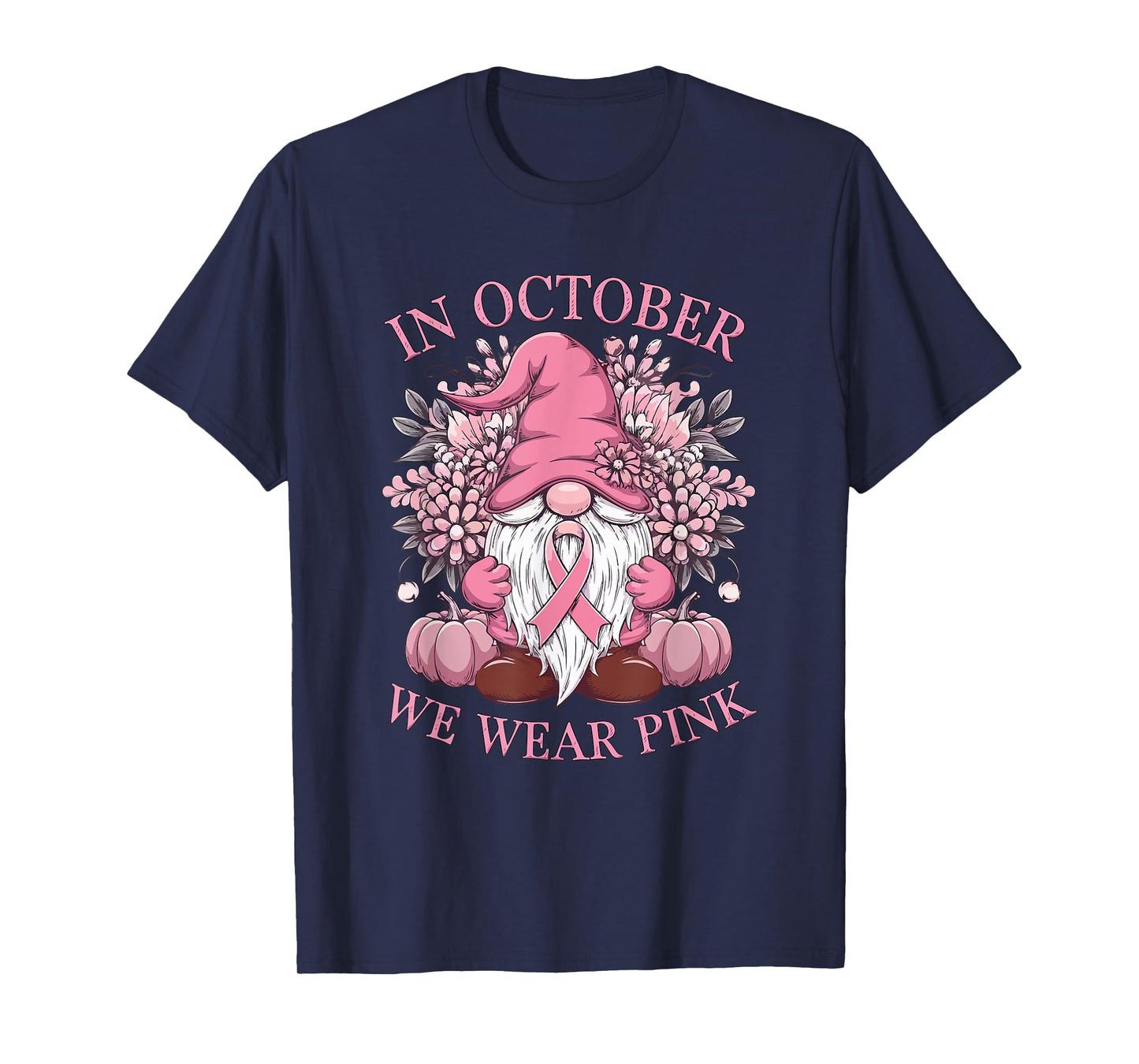 In October We Wear Pink Ribbon Gnome Fall Halloween T-Shirt
