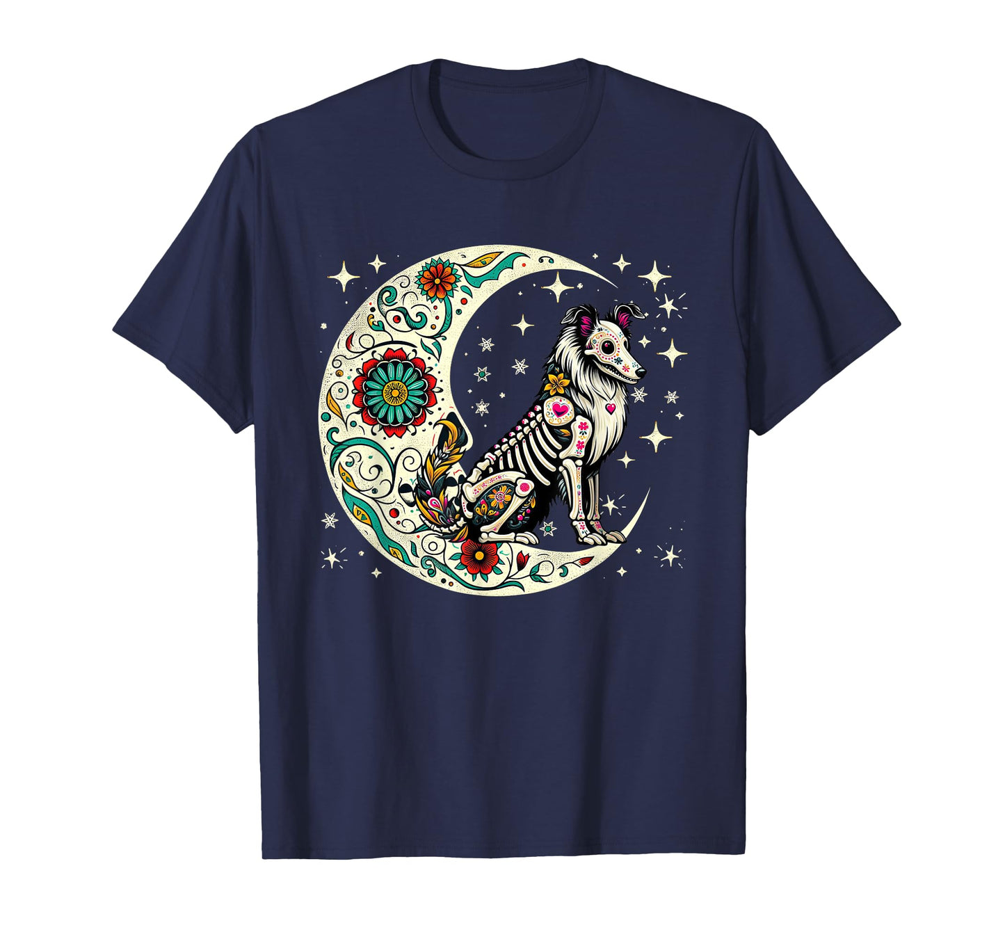 Dia De Los Muertos Halloween Moon Floral Skeleton Sheltie T-Shirt