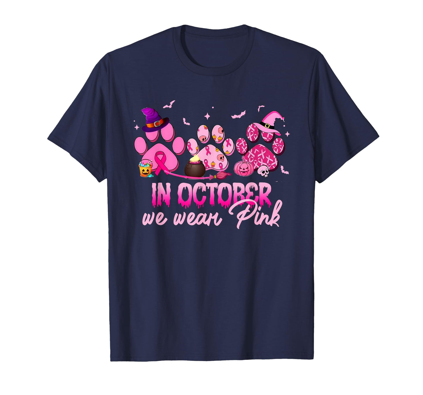 In October We Wear Pink Dog Cat Paw Breast Cancer Awareness T-Shirt