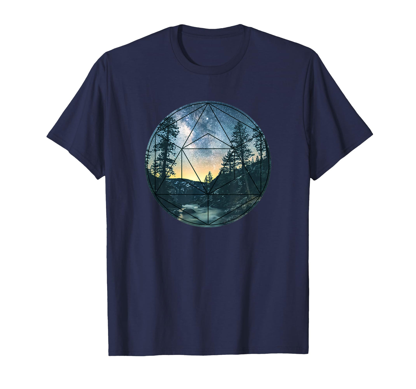 mens Sacred Geometry Meets Nature Outdoor Mountains & Galaxy T-Shirt