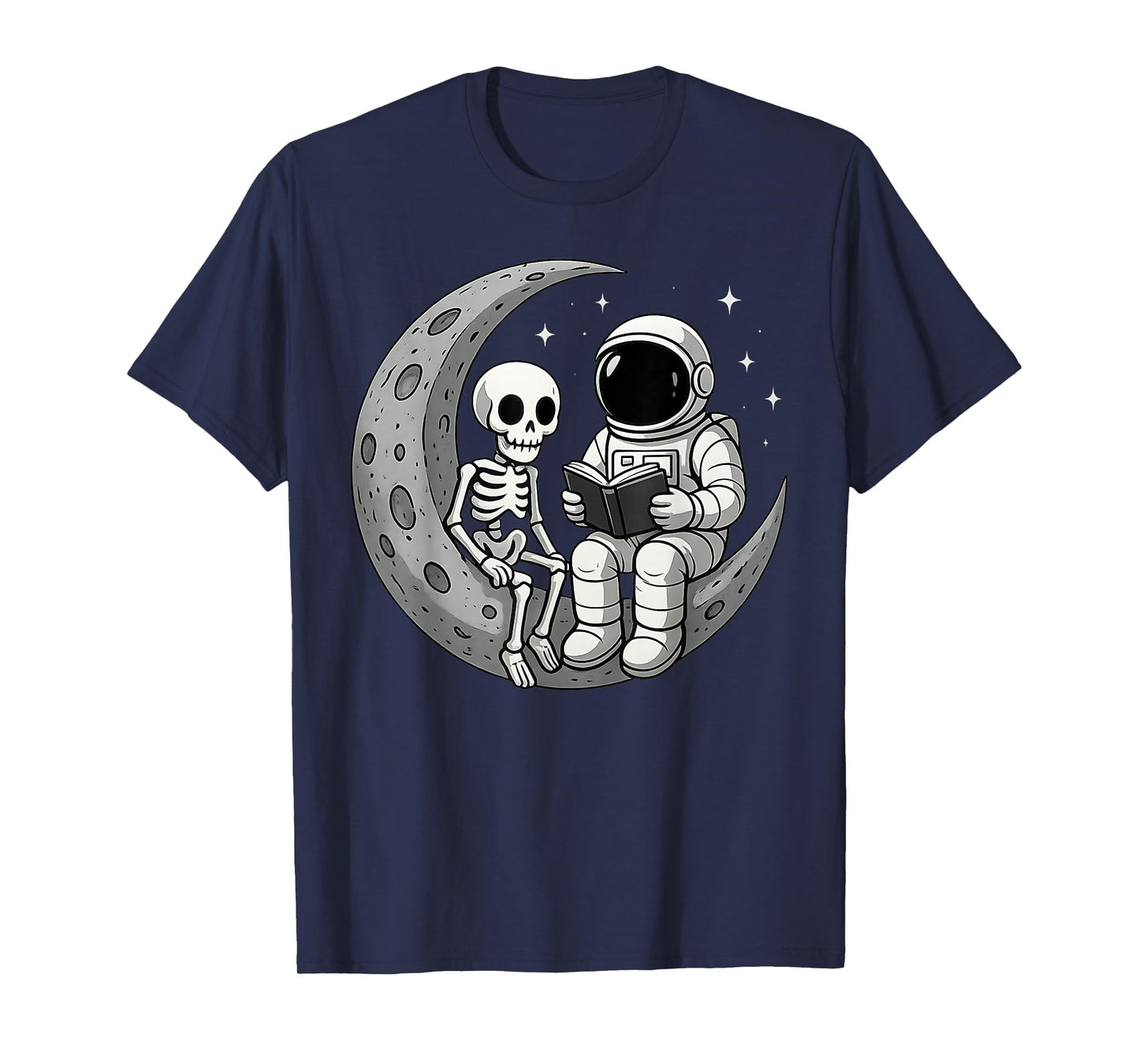 Astronaut Reading Book to Skeleton Moon Space Women Kids Men T-Shirt
