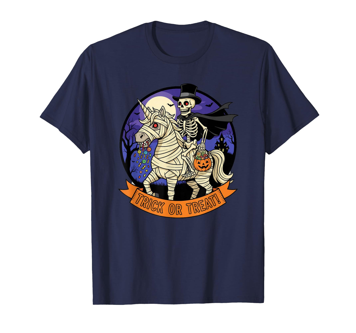 Trick or Treat Skeleton Riding a Mummy Unicorn and Pumpkin T-Shirt