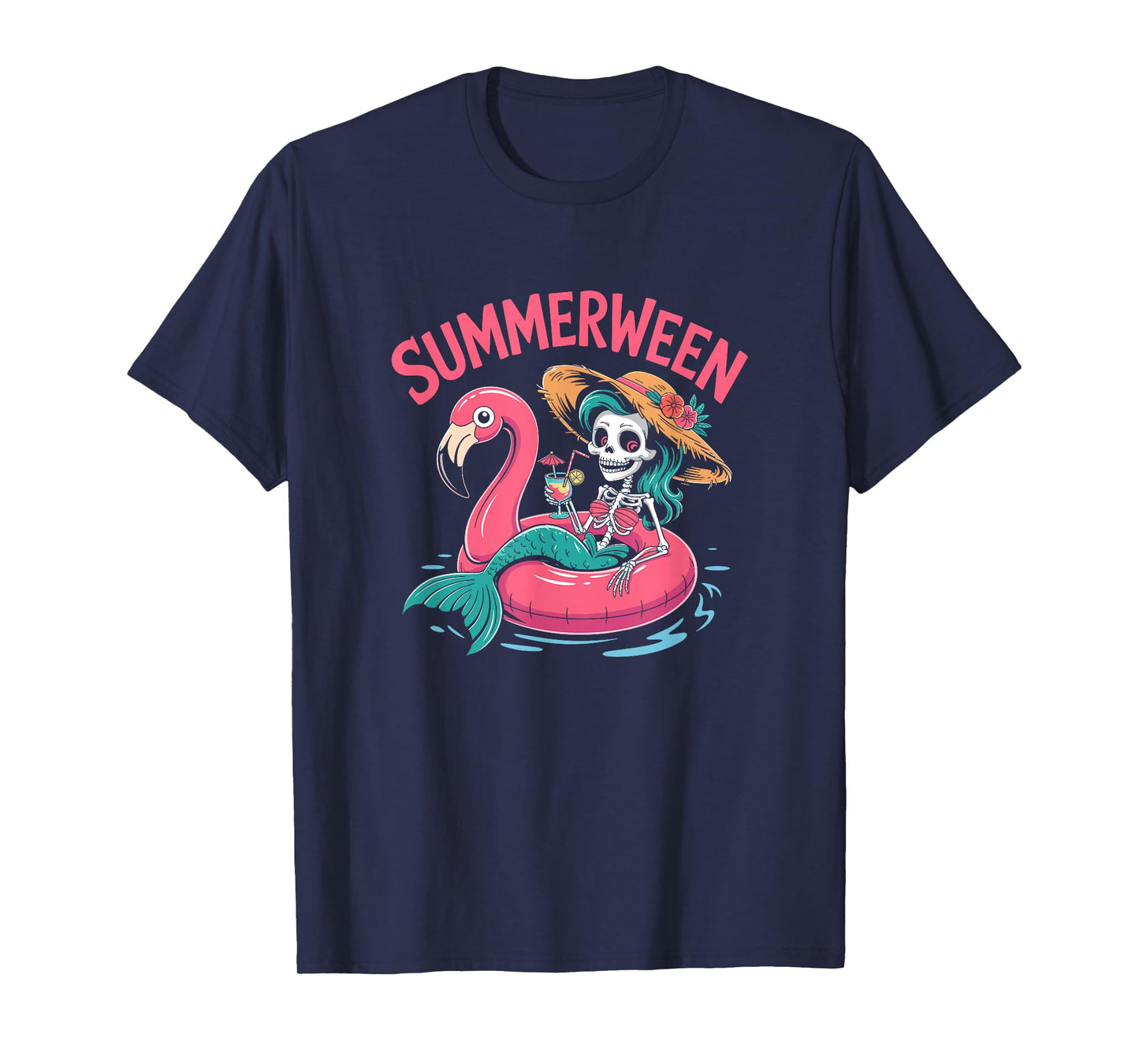 Summerween Vibes Spooky Summer Mermaid Skeleton Halloween T-Shirt