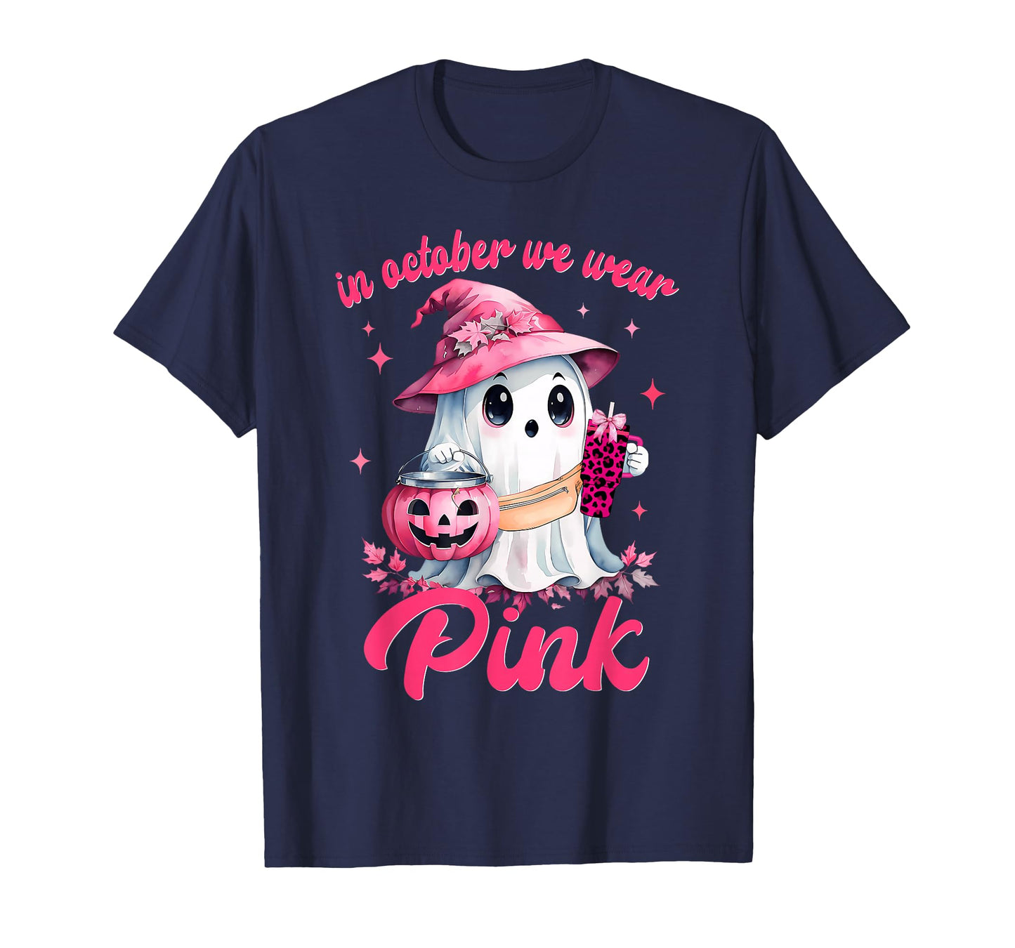 In October We Wear Pink Ghost Witch Breast Cancer Awareness T-Shirt