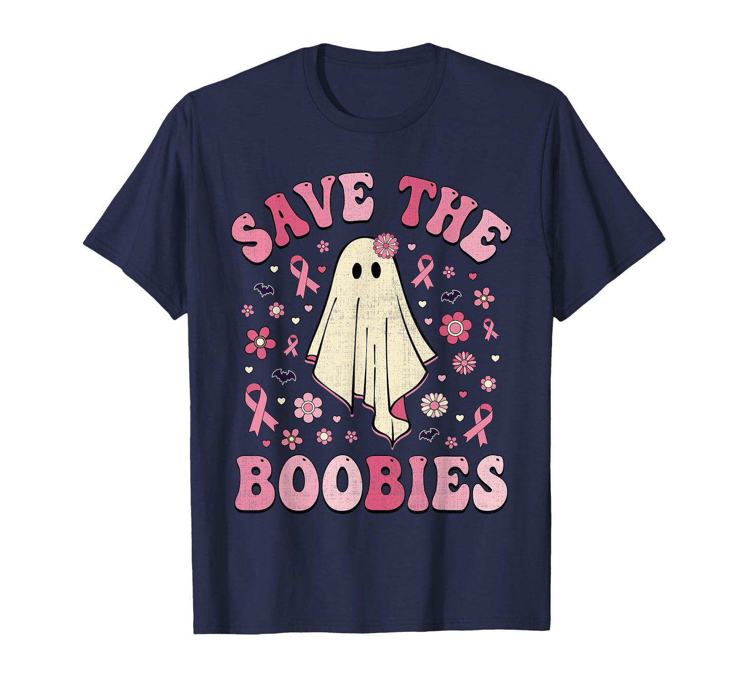 Save the Boobies Pink Halloween Ghost Breast Cancer Groovy T-Shirt