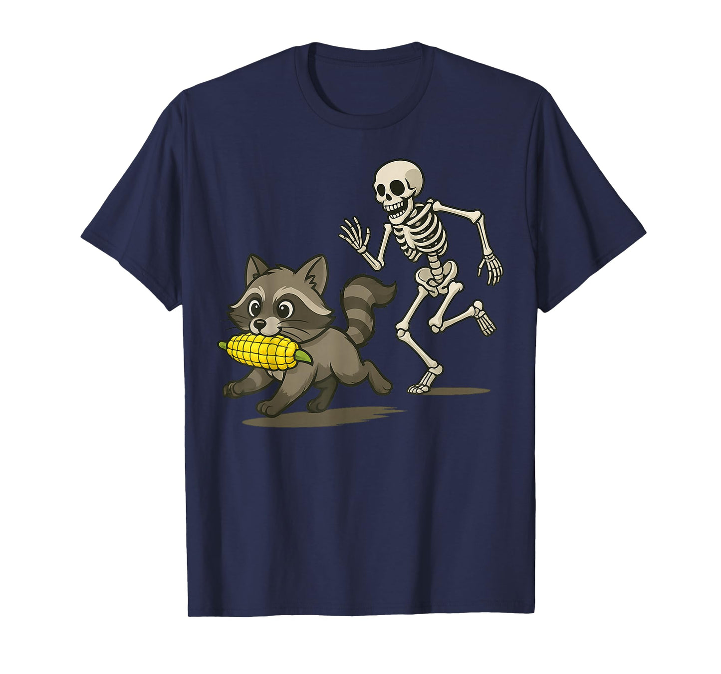 Raccoon Running with Corn and Skeleton Chasing Fun Design T-Shirt
