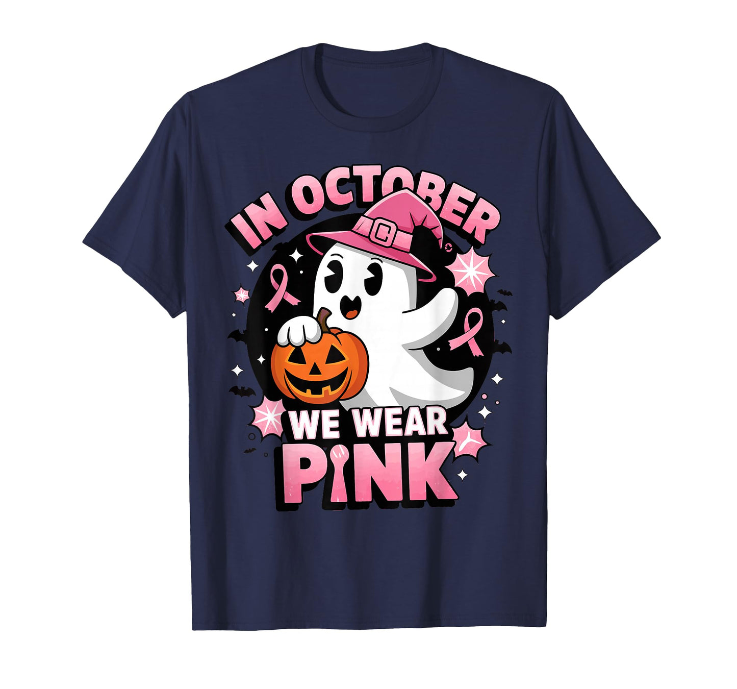 Ghost Witch in October We Wear Pink Breast Cancer Awareness T-Shirt