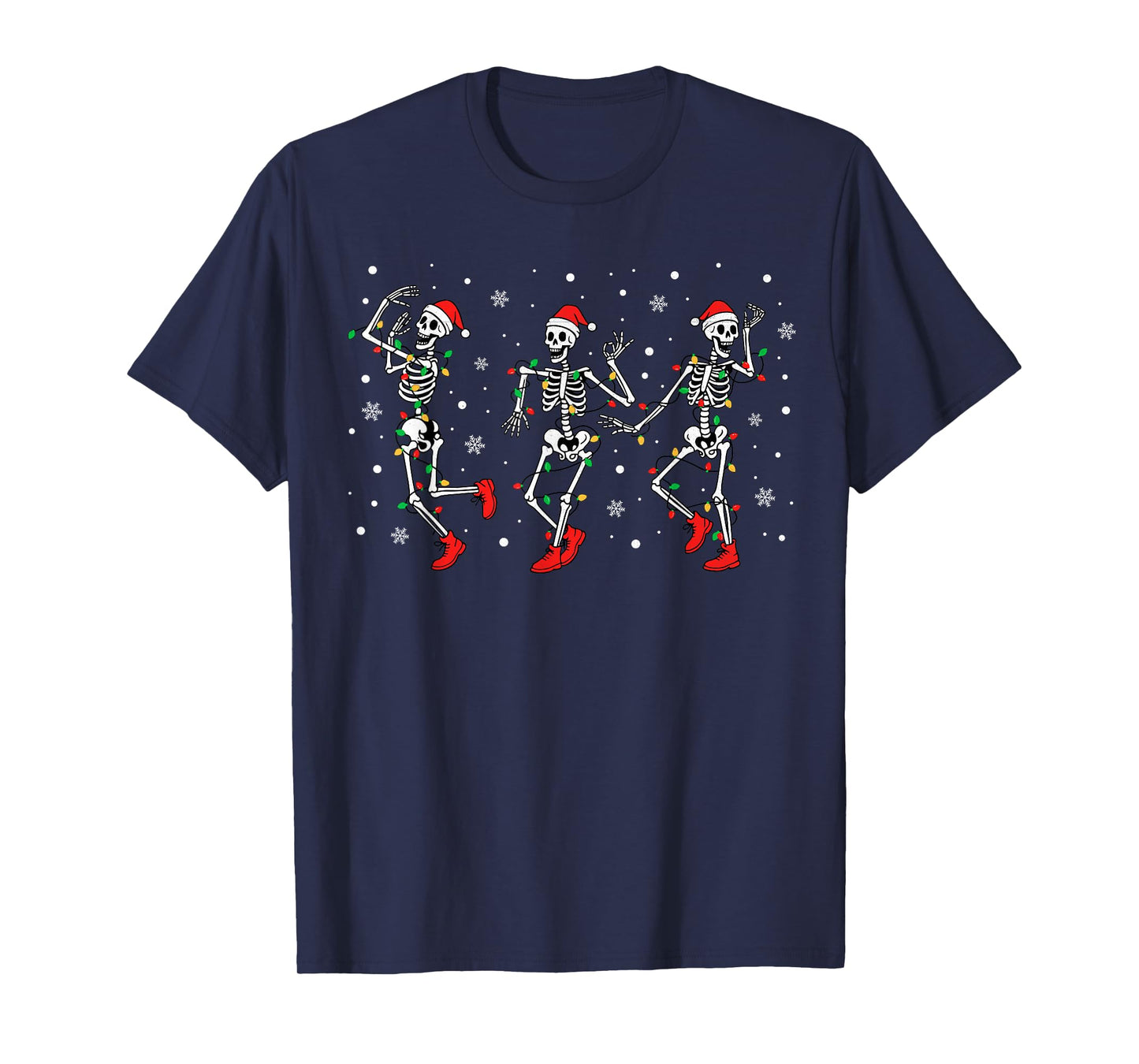 Funny Dancing Skeletons Santa Hat Christmas Lights Holiday T-Shirt