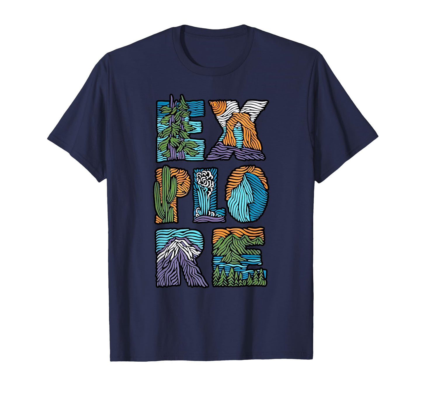 Explore Nature Outdoor National Park Hiker Camper Unisex-Adults,Unisex-Kids Modern Letter Print T-Shirt Black Small Crew Neck Short Sleeve