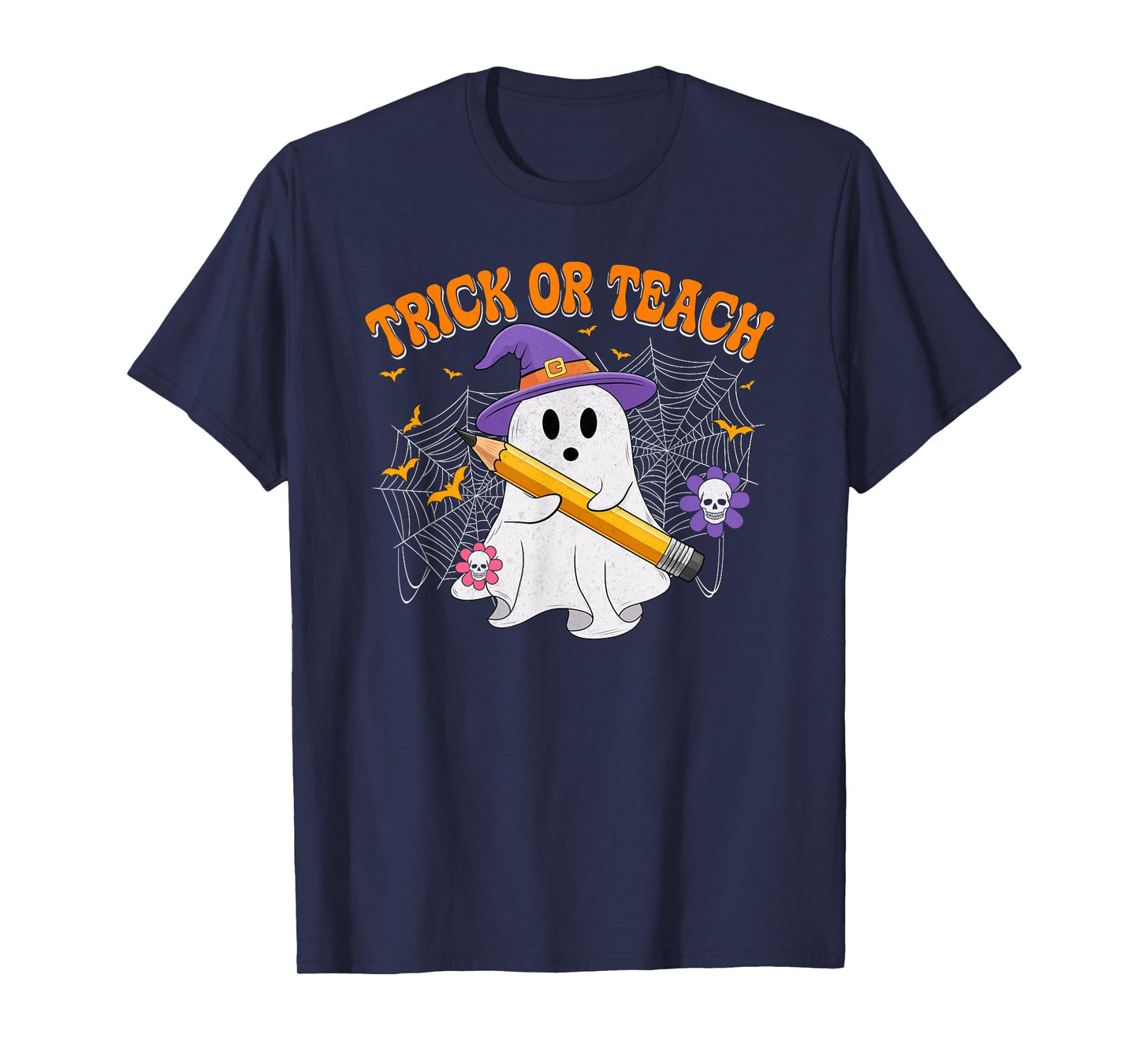 Trick Or Teach Boo Ghost Groovy Halloween Costume Teacher T-Shirt