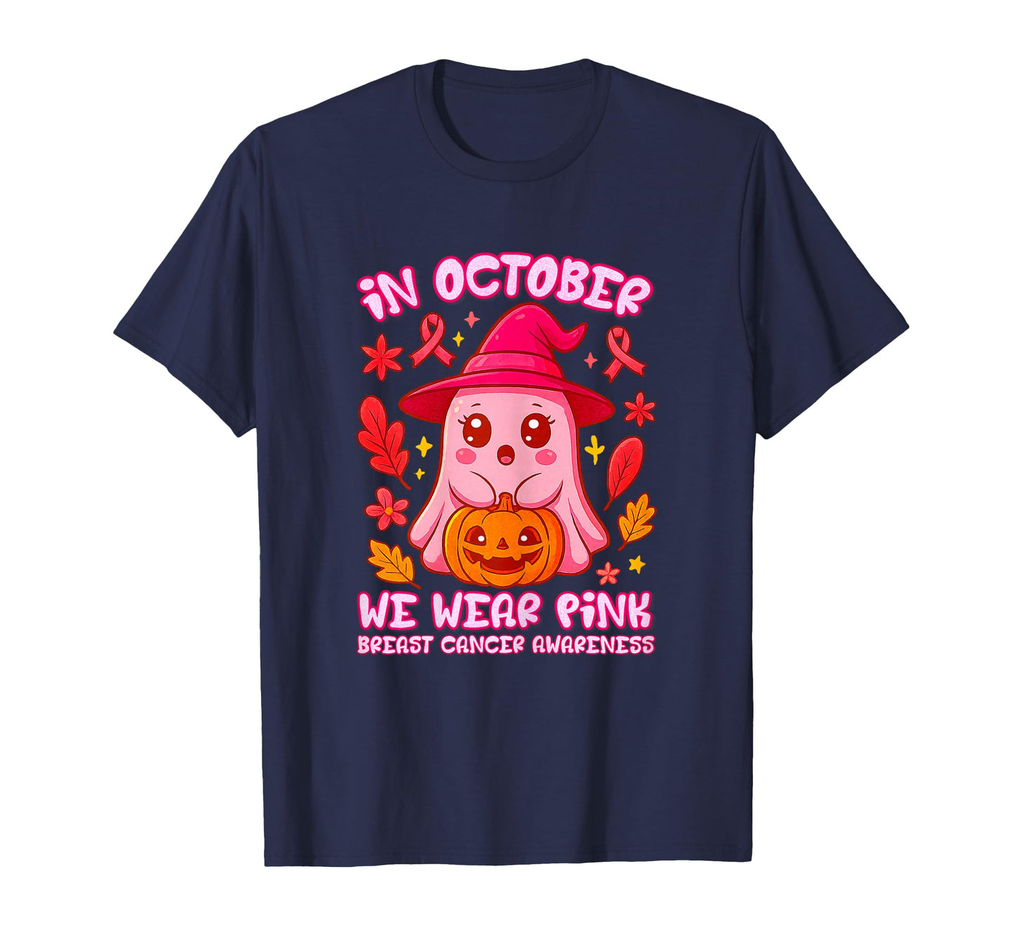in October We Wear Pink – Cute Ghost Breast Cancer Awareness T-Shirt