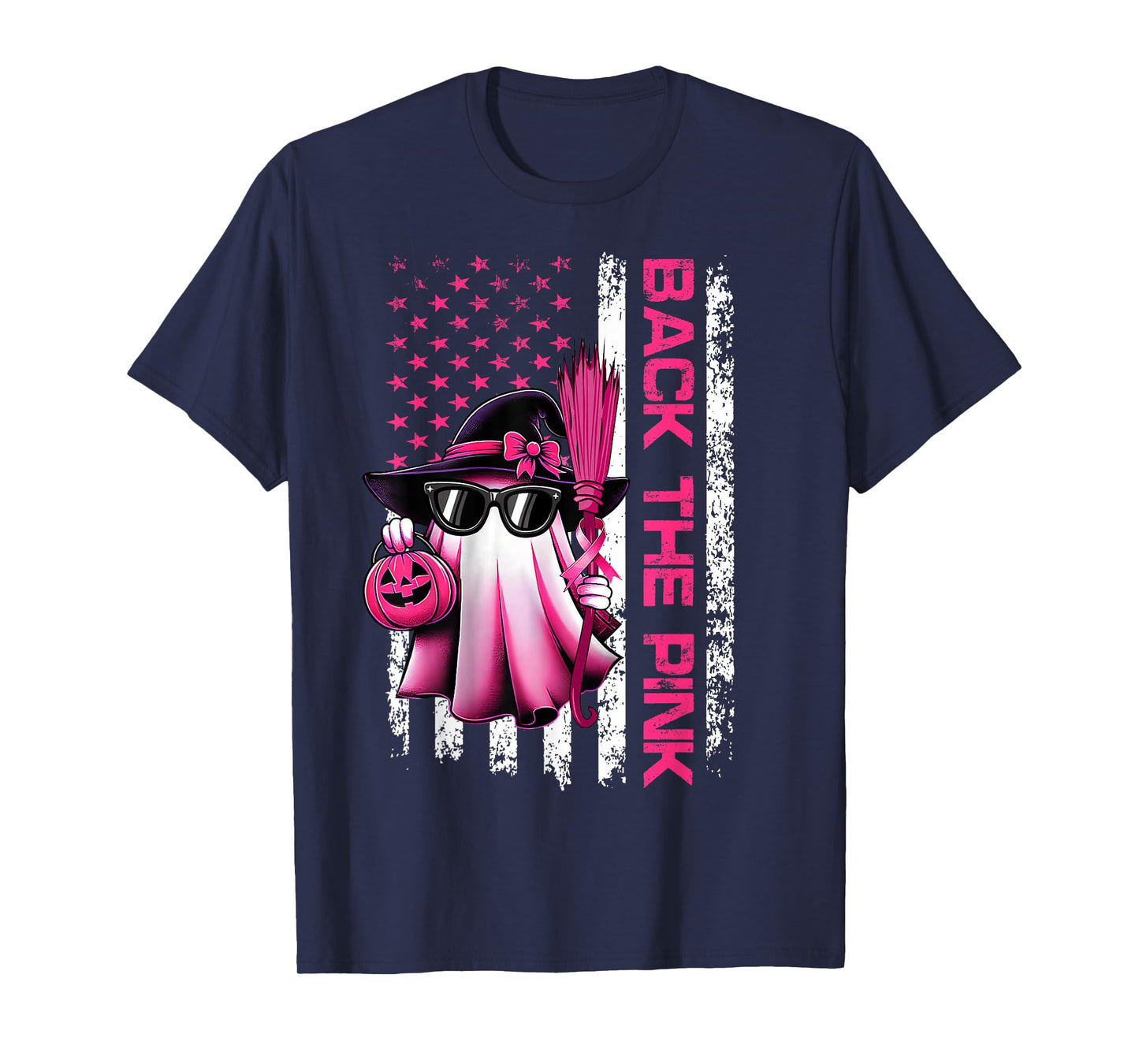 Back The Pink Breast Cancer Awareness Flag Ghost Halloween T-Shirt