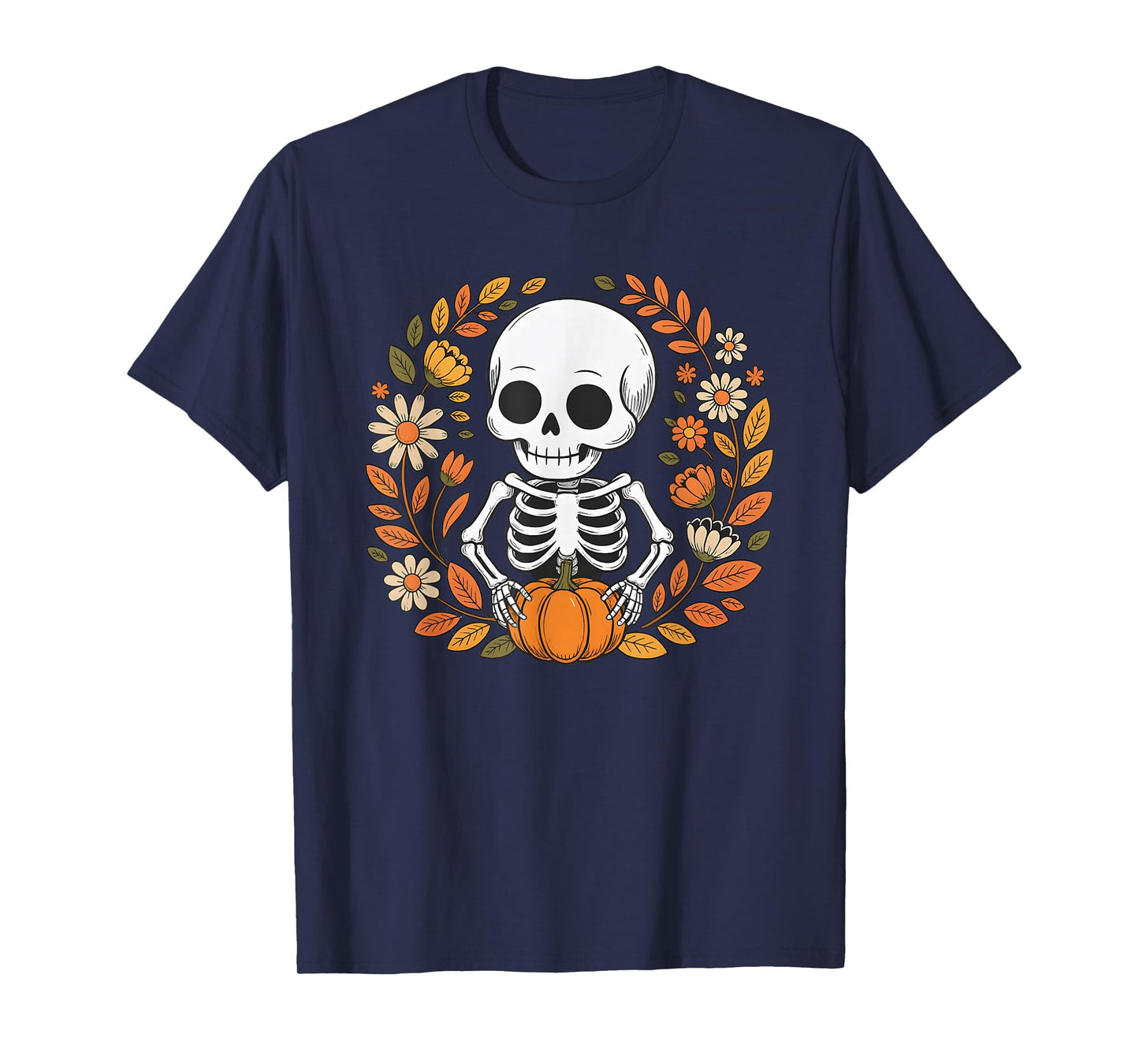Halloween Fall Autumn Skeleton Floral Pumpkin T-Shirt