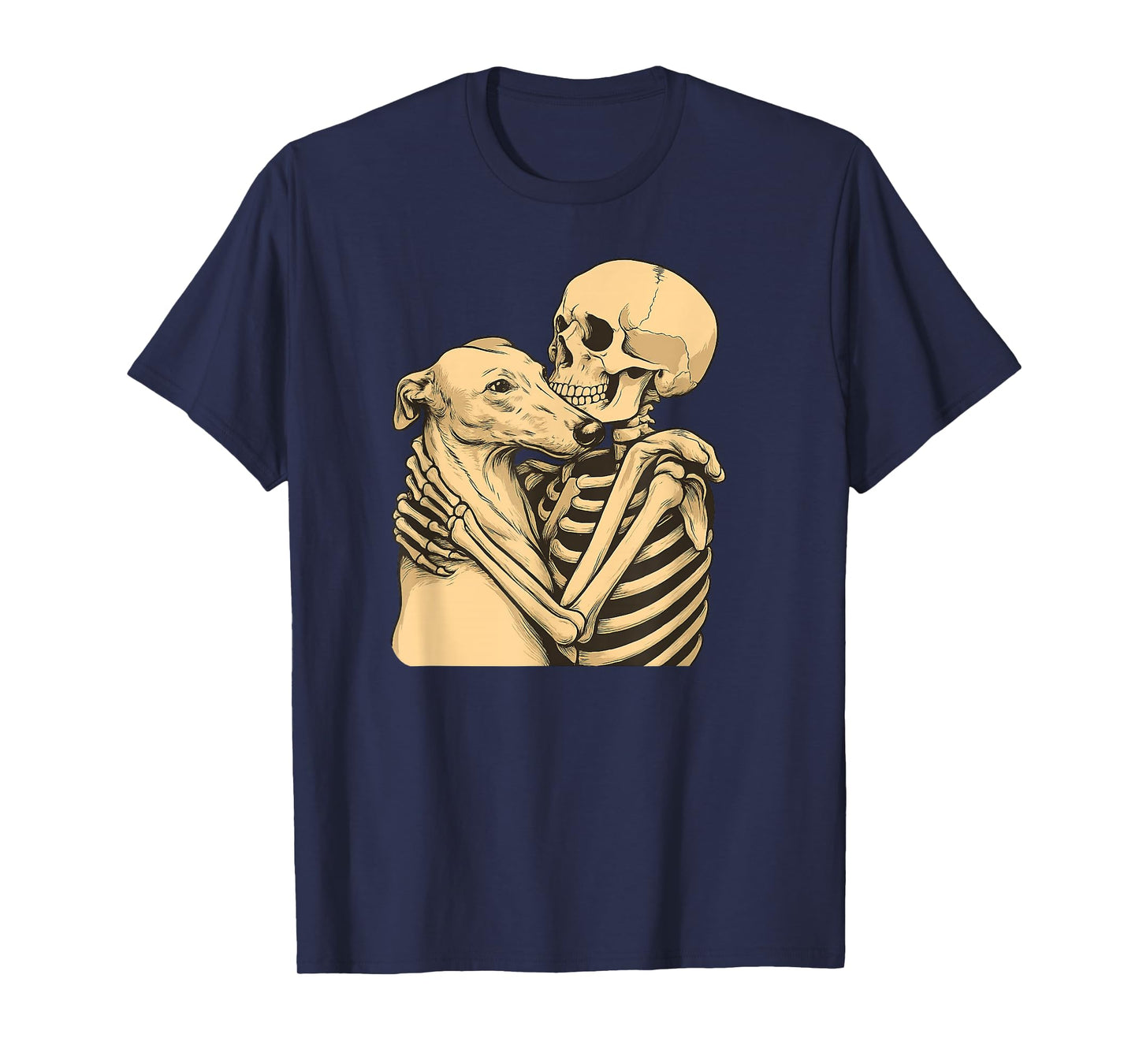 Skeleton Hugging Greyhound Dog Halloween T-Shirt