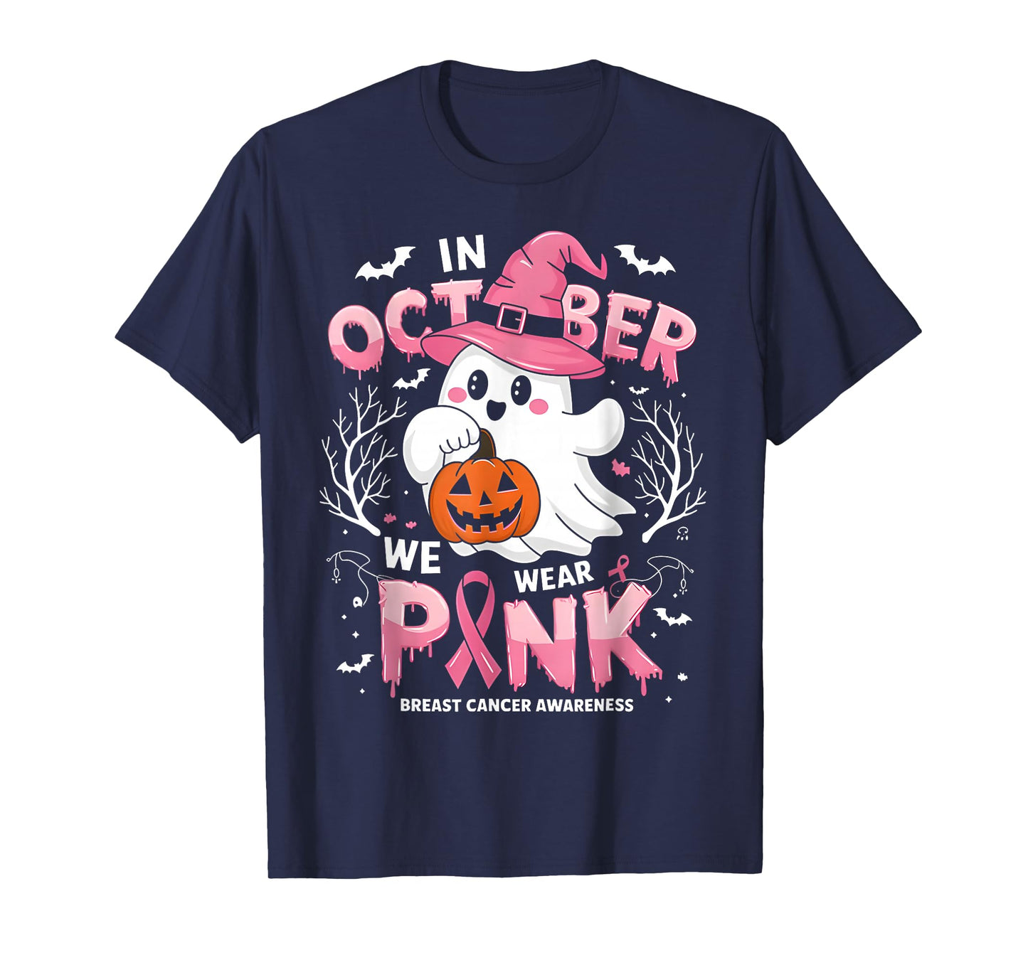 in October We Wear Pink Funny Halloween Ghost Breast Cancer T-Shirt