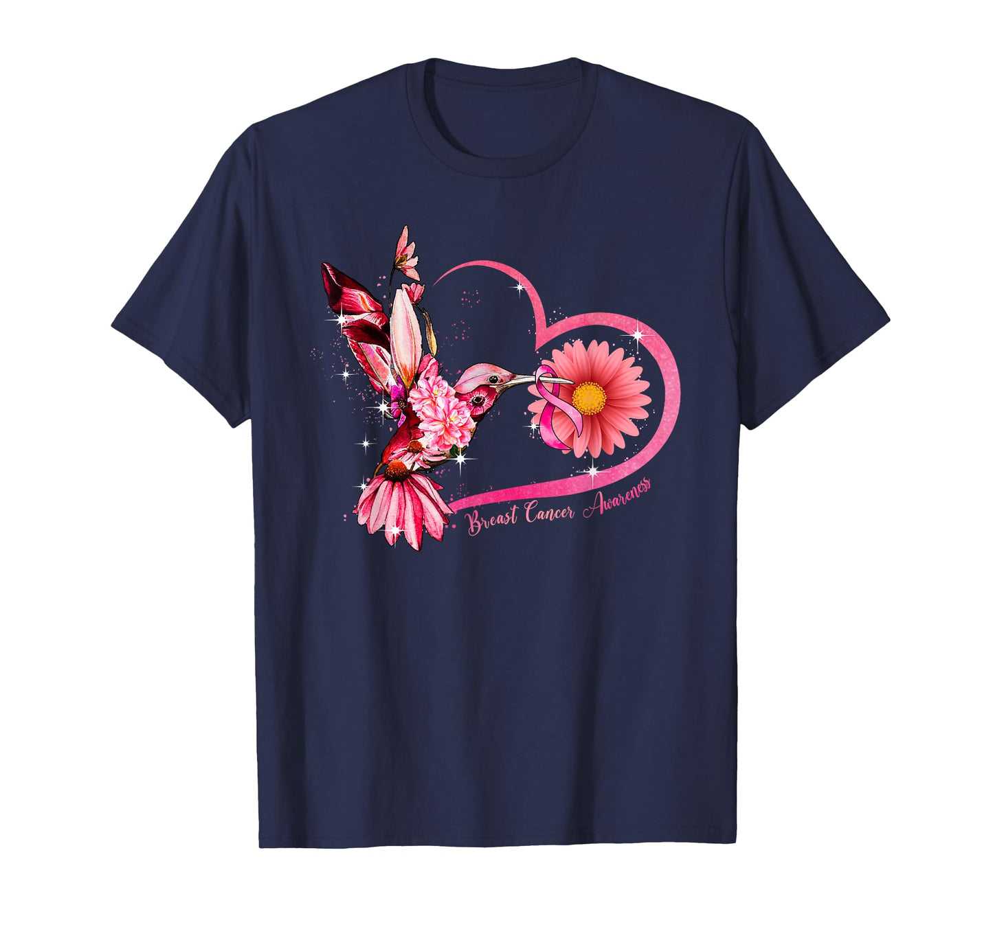 Hummingbird Sunflower Pink Ribbon Breast Cancer Awareness T-Shirt