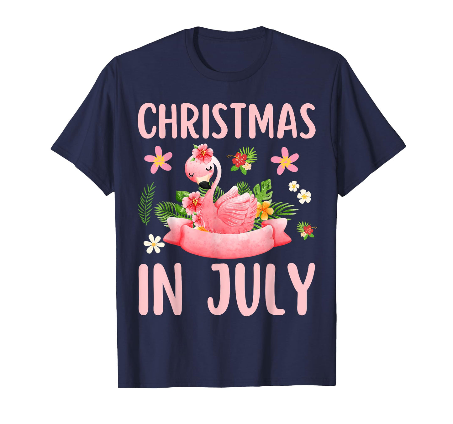 Christmas In July Shirts for Women Pink Flamingo T-Shirt