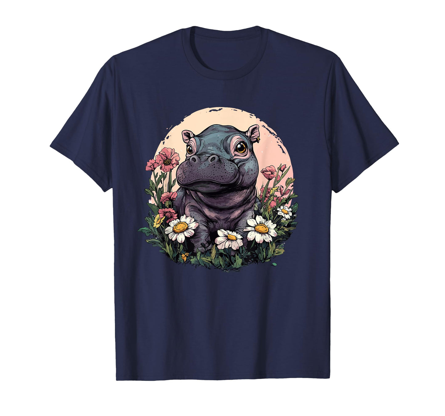 Adorable Hippo In Flower Garden Cute Scene T-Shirt