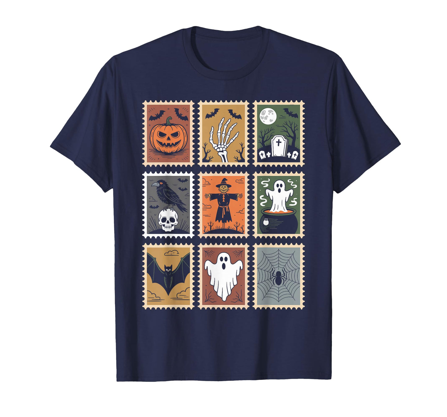 Halloween Stamps Spooky Pumpkin Ghost Cat Witch Skeleton T-Shirt
