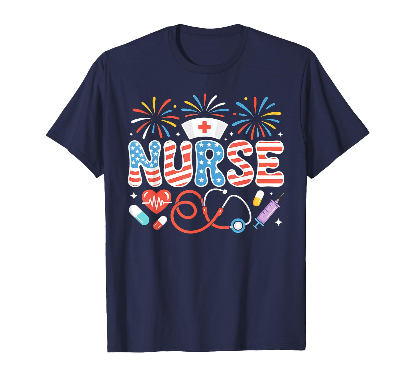 Patriotic Nurse 4th of July American Flag Medical Fireworks T-Shirt