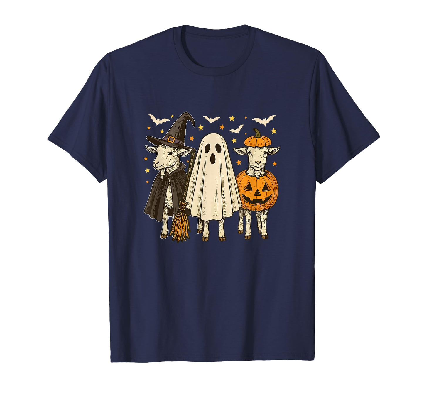 Three Halloween Goats Cosplay Witch Boo Carved Pumpkin T-Shirt