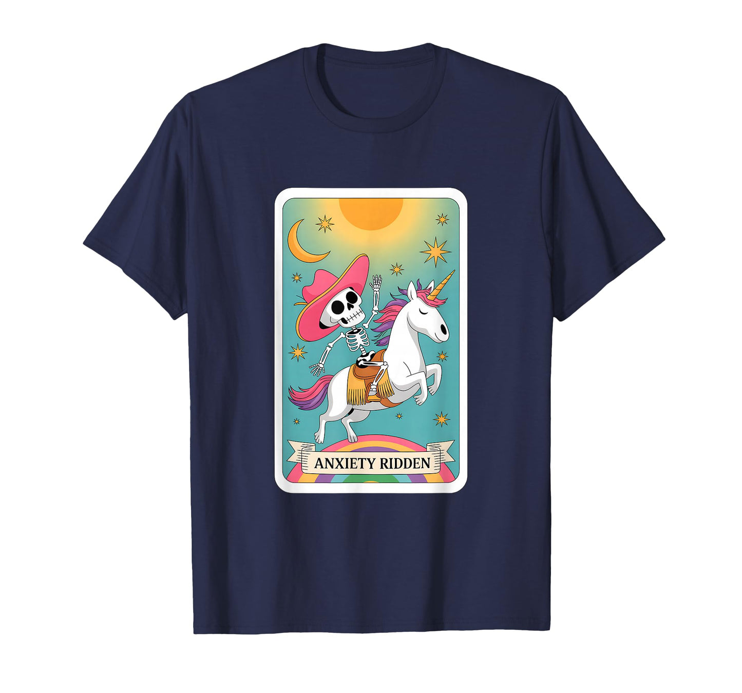 Anxiety Ridden Skeleton Riding Unicorn Tarot T-Shirt