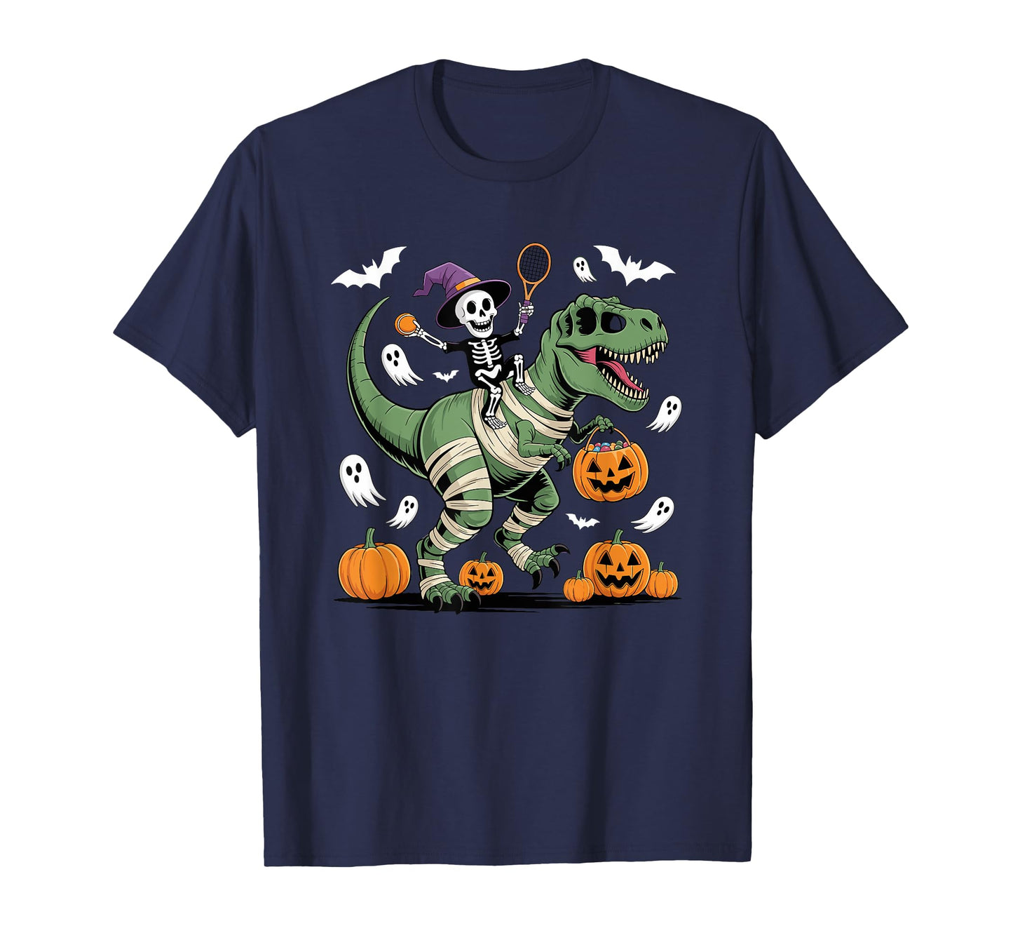 Tennis Skeleton Riding Mummy Dinosaur T-Rex Halloween Boys T-Shirt
