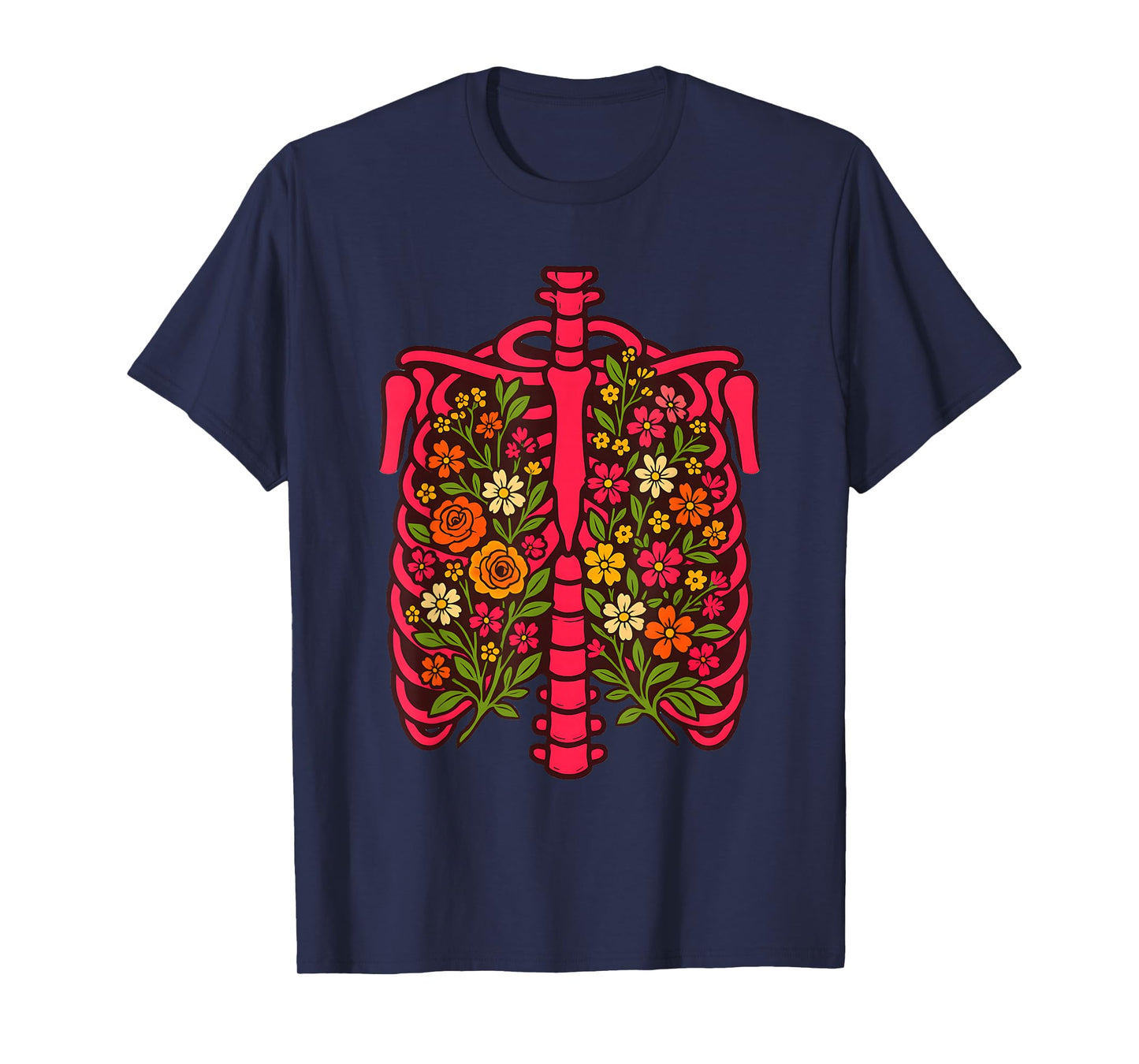 Floral Ribcage Anatomy Skeleton Flower Art Design, Halloween T-Shirt