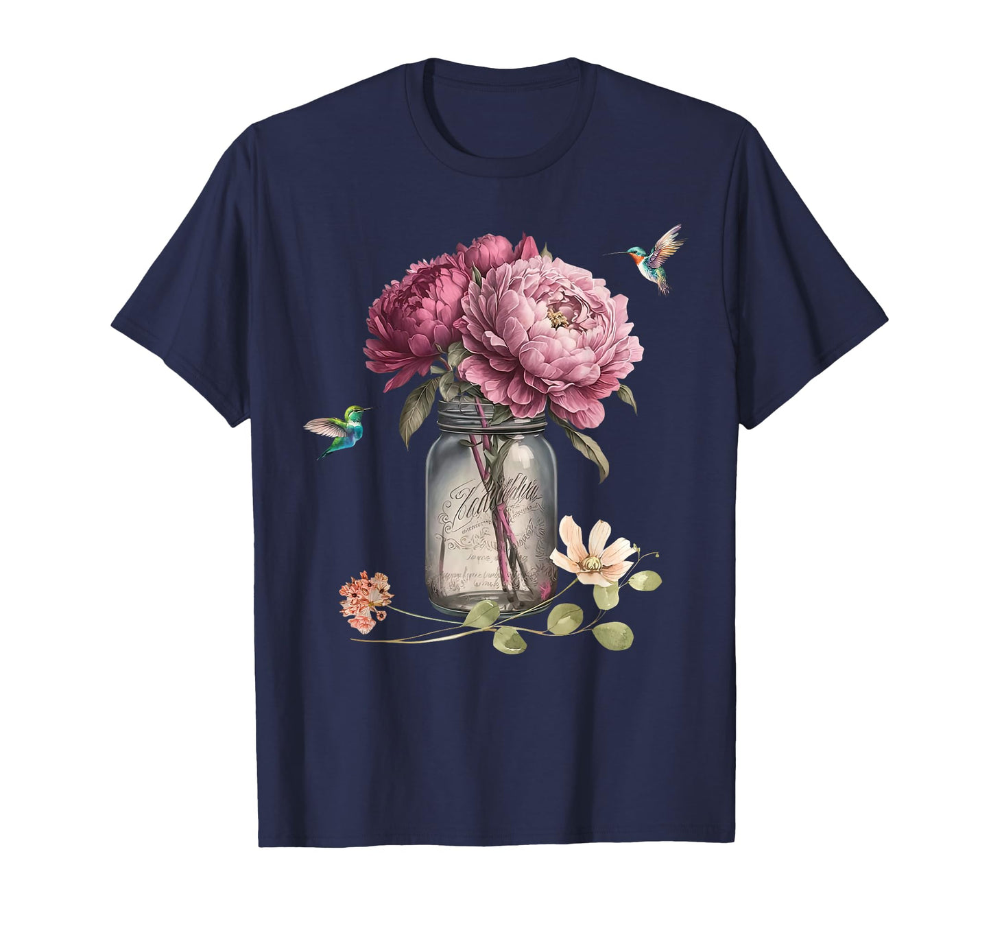 Retro Hummingbird Flower In Mason Jar Peony Flower Gardener T-Shirt