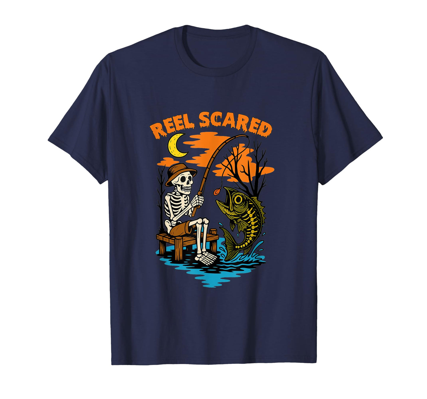 Reel Scared Halloween Fishing Funny Skeleton Fisherman Bass T-Shirt