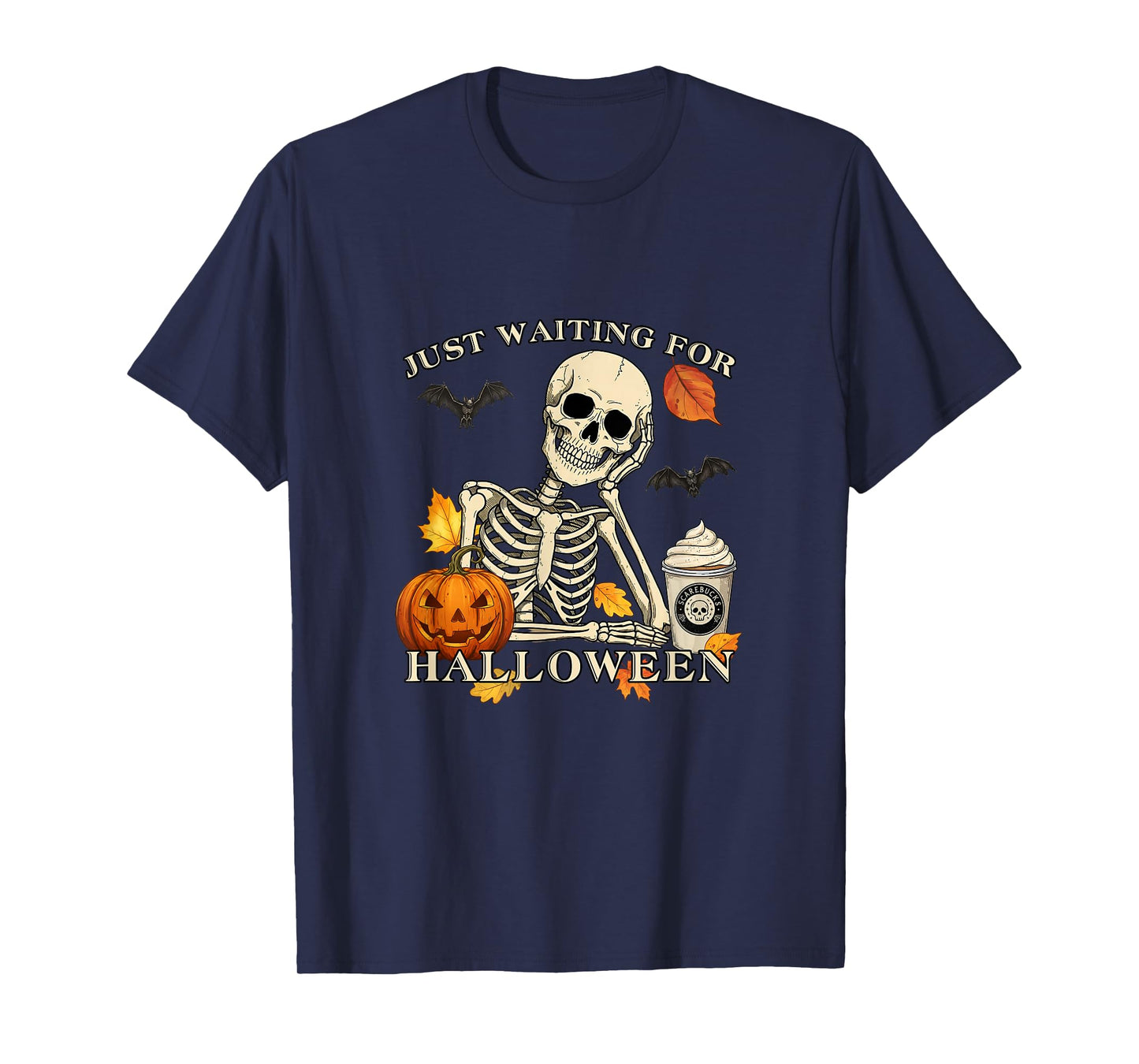 Just Waiting for Halloween Funny Skeleton Coffee Pumpkin T-Shirt